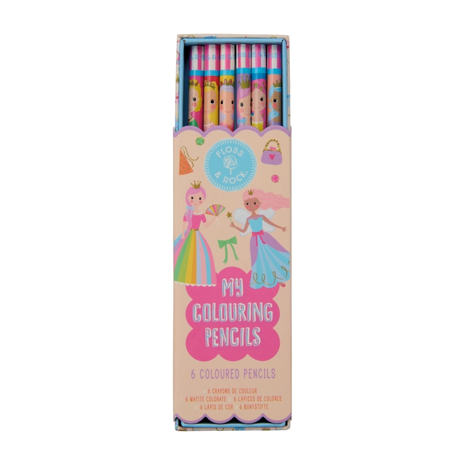 6 bright and bold colouring pencils for little artists. Features a durable princess-themed box to keep pencils tidy at home or on the go. Ideal for party favours and gifts.