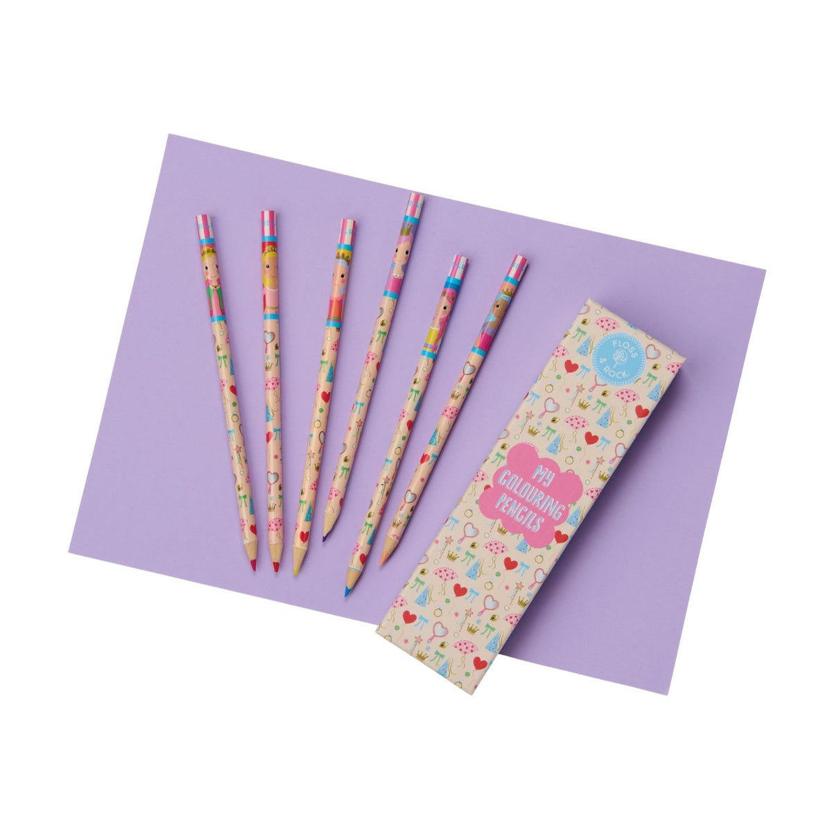 A set of 6 vibrant coloured pencils tucked into a sturdy cardboard storage box featuring a pink princess and castle illustration.