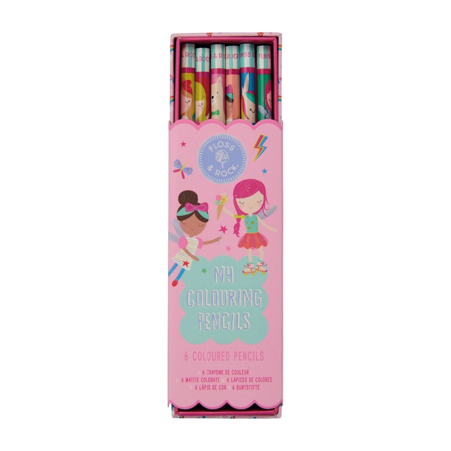 Vibrant kids' colouring pencils in a handy storage box. These 6 bright rainbow fairy pencils are the perfect companion for our matching colouring books. Great for gift sets!