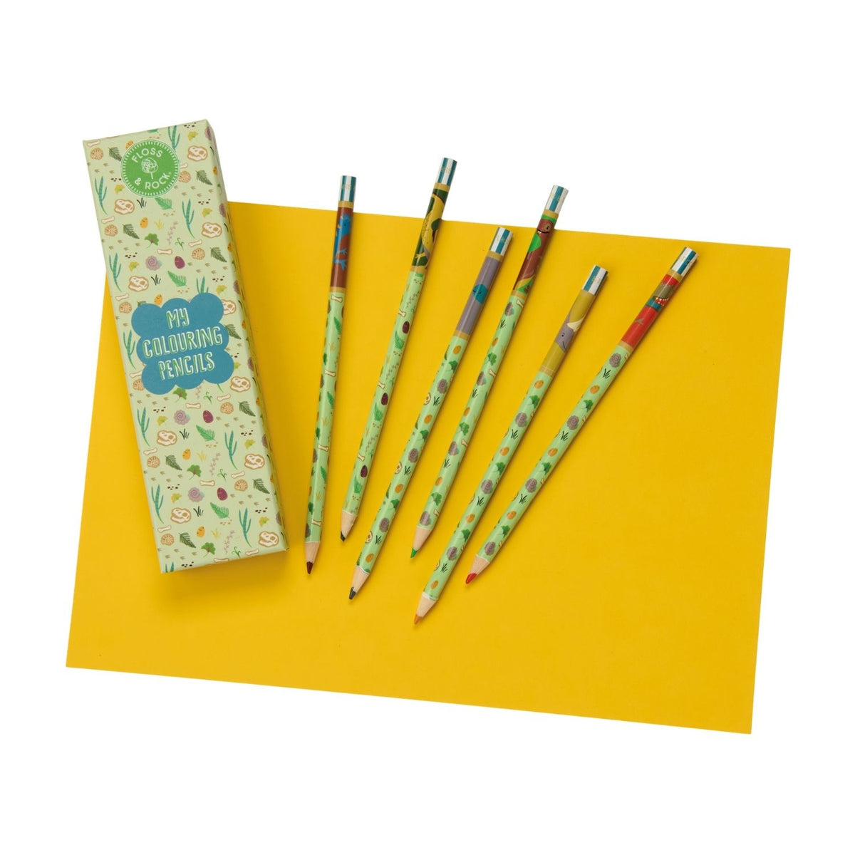 6 bright and bold colouring pencils for little artists. Features a durable dinosaur-themed box to keep pencils tidy at home or on the go. Ideal for party favours and gifts.