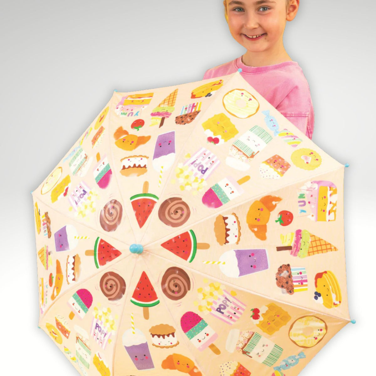A colour changing umbrella for kids featuring white patterns that transform into bright colours when wet. Ideal for creative play on rainy days.