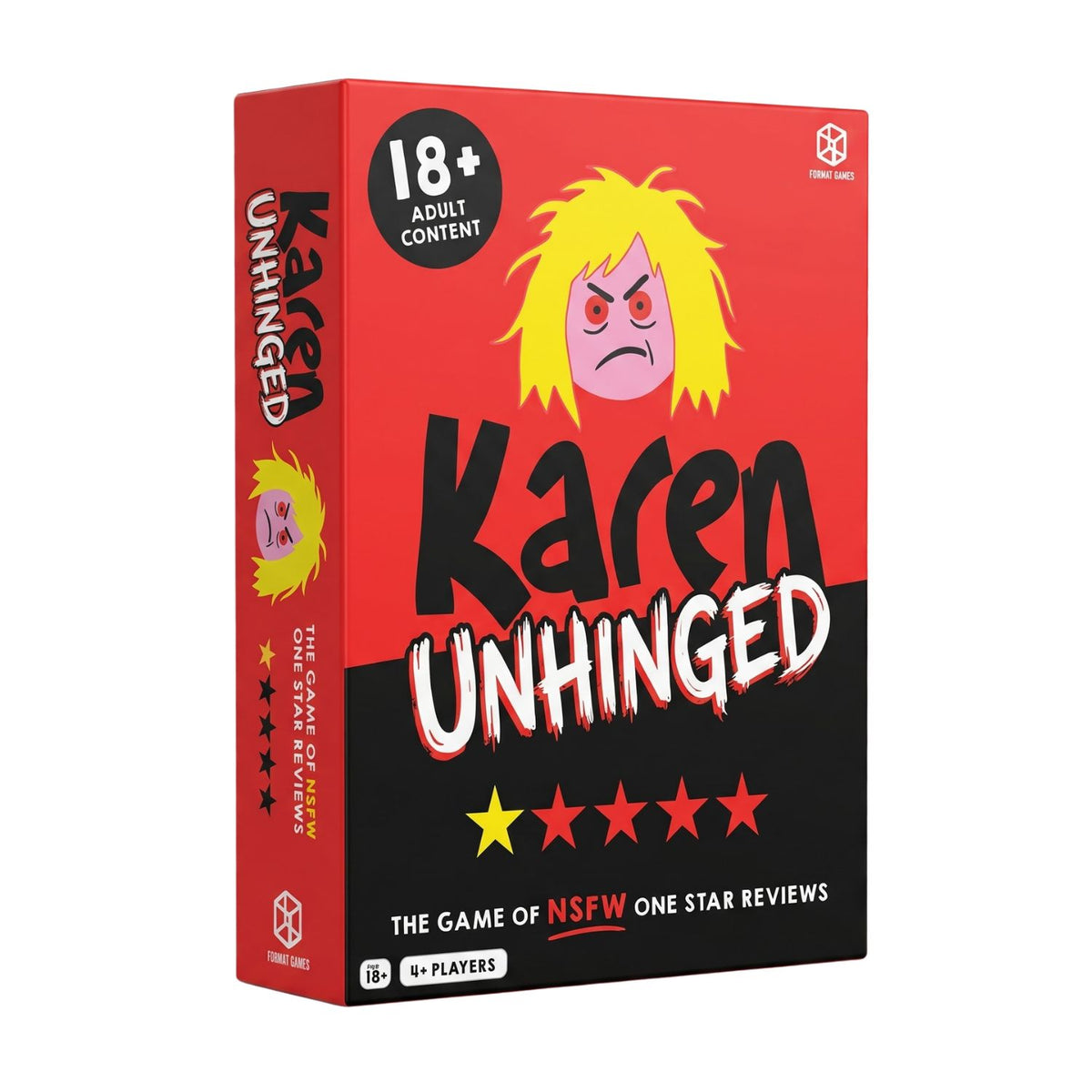 The Karen Unhinged boxed Game box set featuring one star reviews, 6 wipe-clean pads, 6 dry-erase pens, score tokens, dice and instructions
