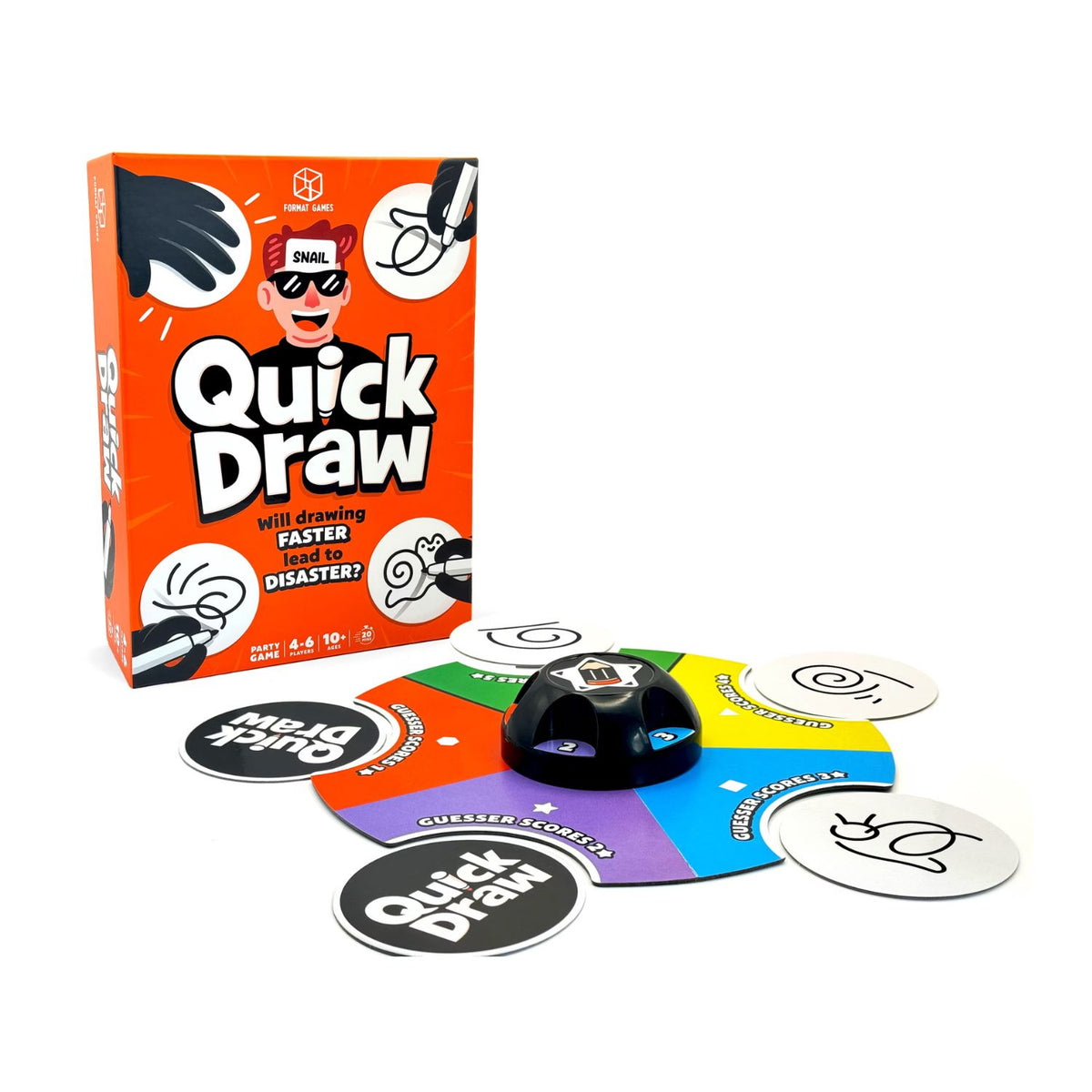 An overhead view of the Quick Draw game contents: 5 wipe-clean drawing pads, 5 dry-erase pens, a deck of cards, blackout shades, a scoring board, and a central spinner.