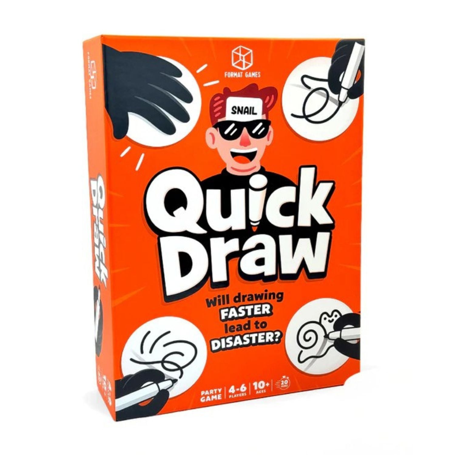 The Quick Draw board game box by Format Games, featuring high-energy graphics of scribbled doodles and a bold "Speed Over Skill" tagline.