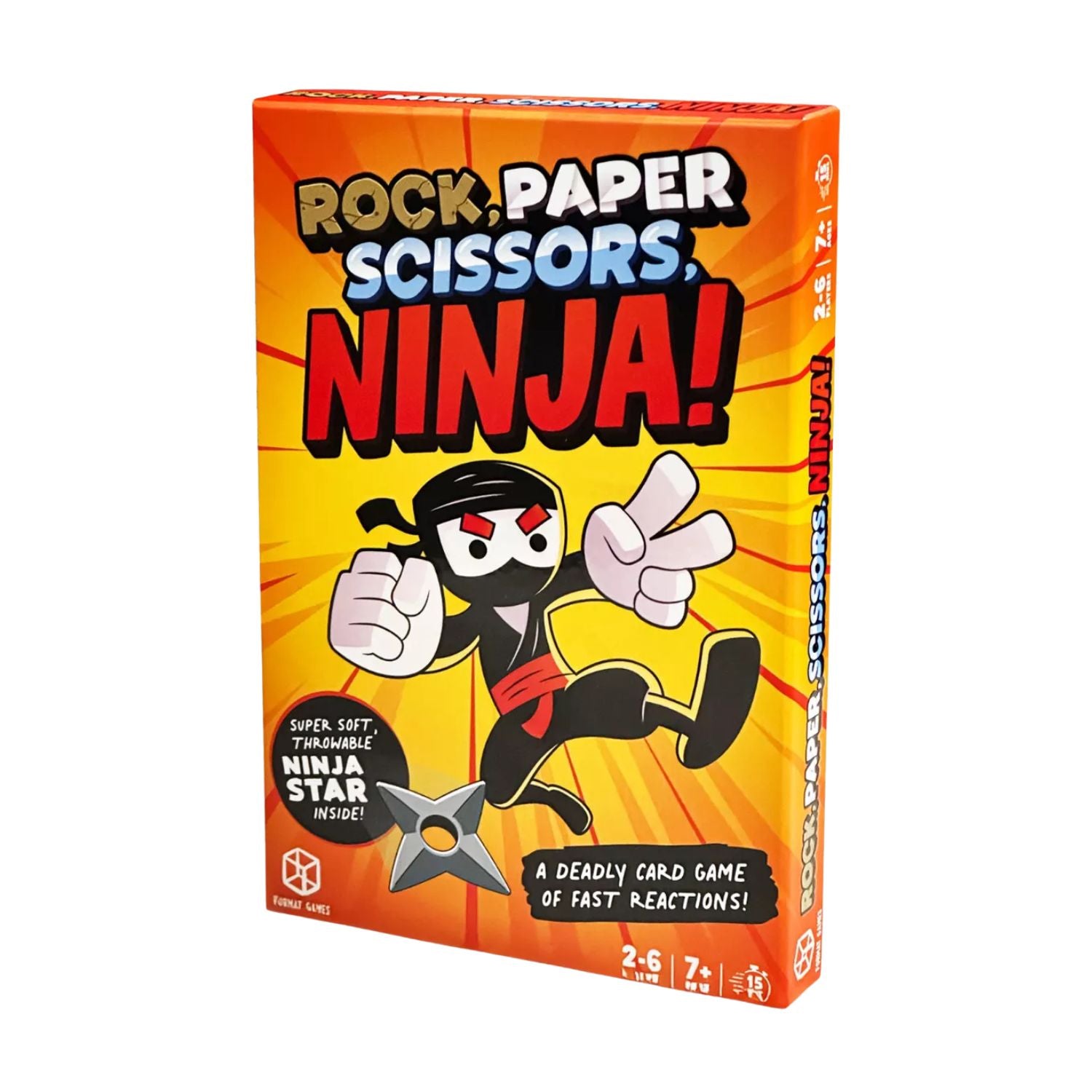 Rock Paper Scissors Ninja card game box set by Format Games, including a deck of action cards and a soft, black foam ninja star.
