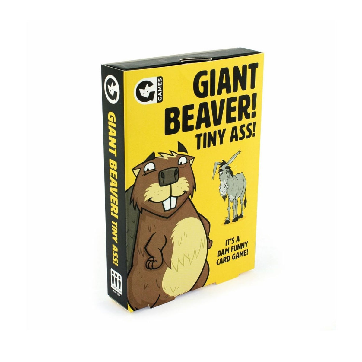 Card game box titled 'Giant Beaver! Tiny Ass!' with cartoon beaver illustration on yellow background