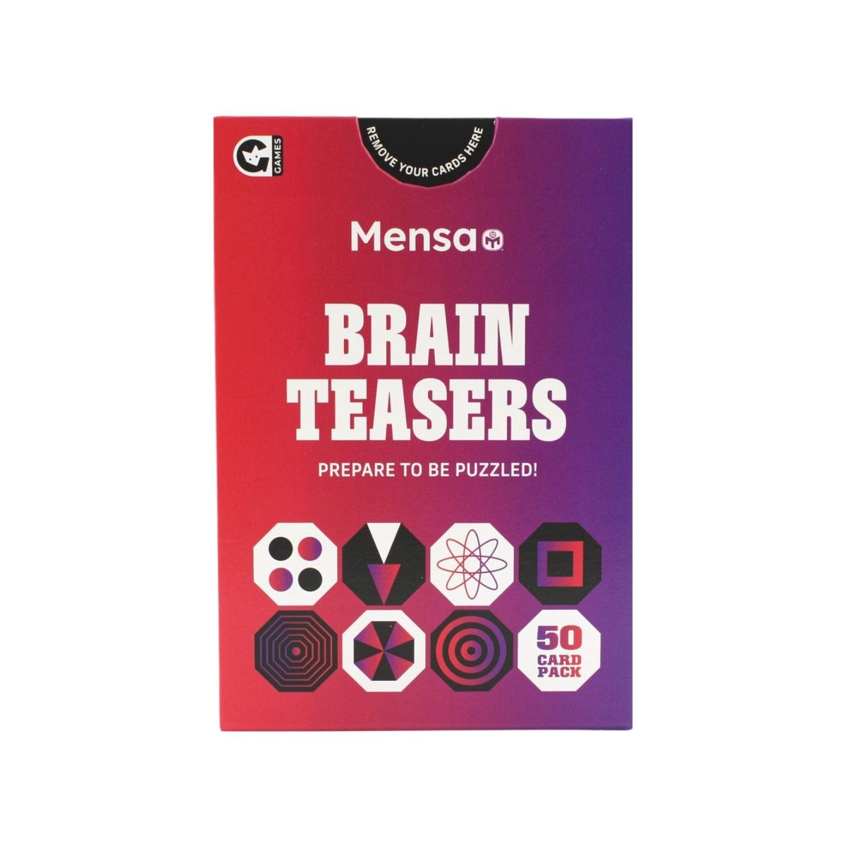 Mensa Brain Teasers card game packaging with red and purple design