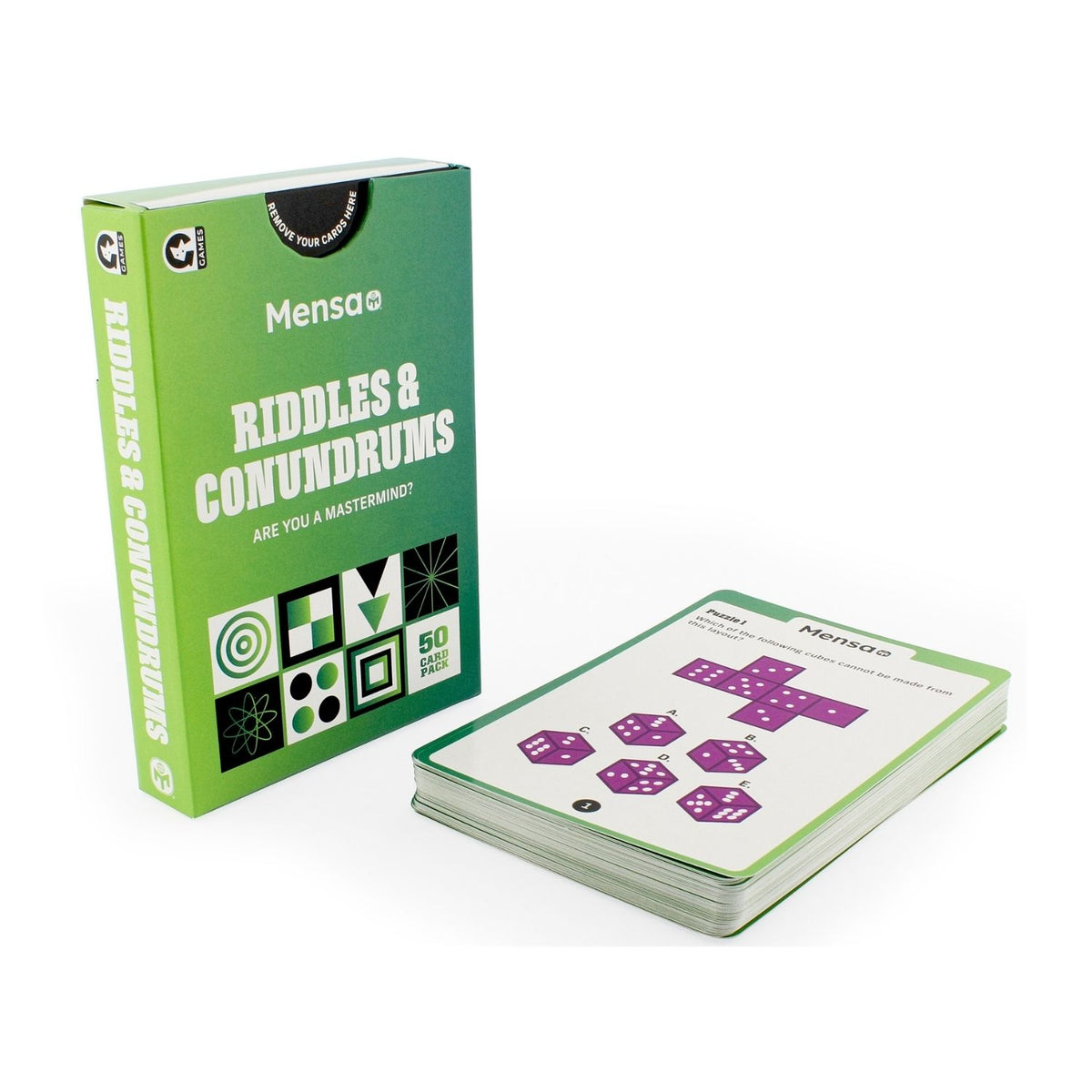 Mensa Riddles & Conundrums game box and cards in a pile