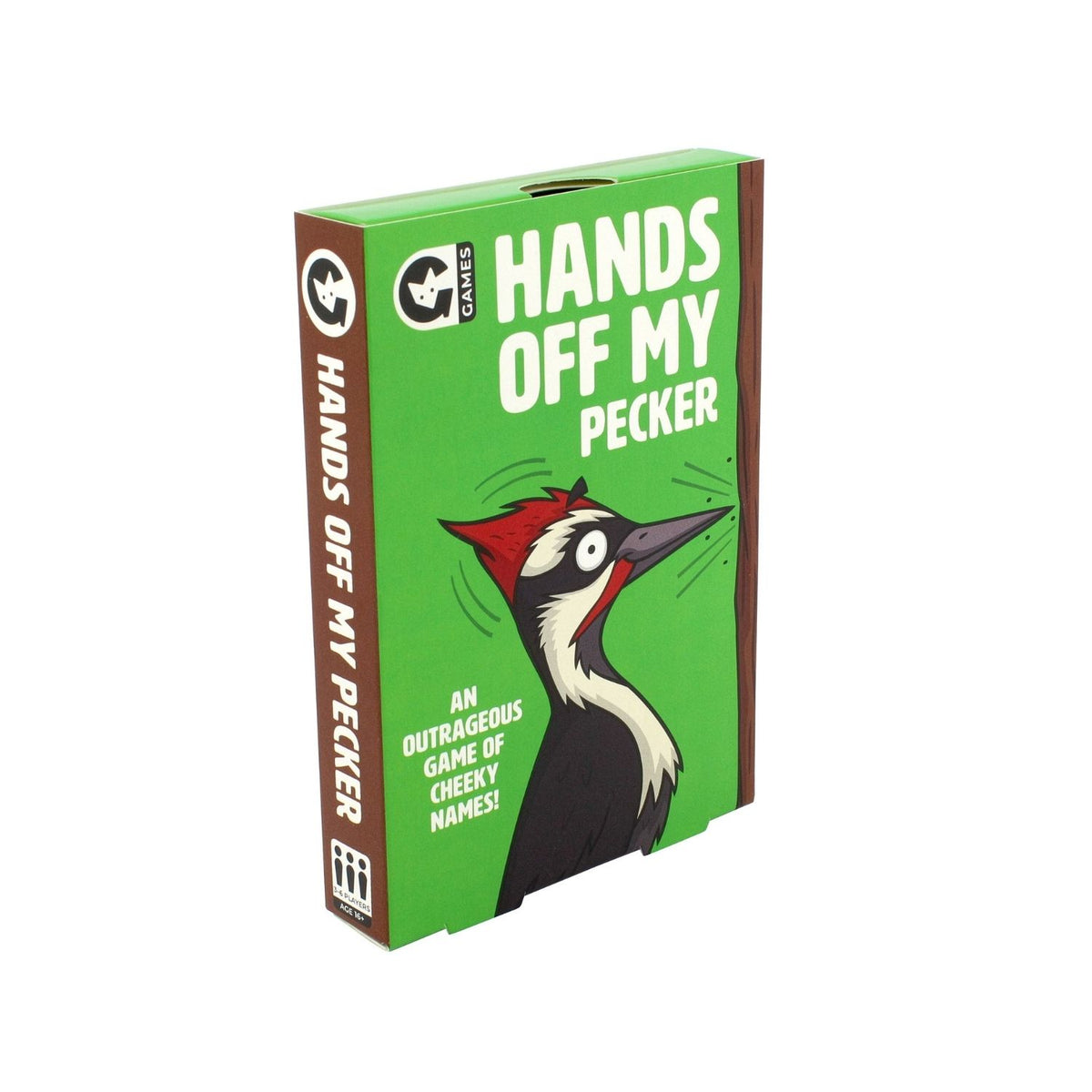 Card game box titled 'Hands Off My Pecker' with a cartoon woodpecker illustration on a green background.