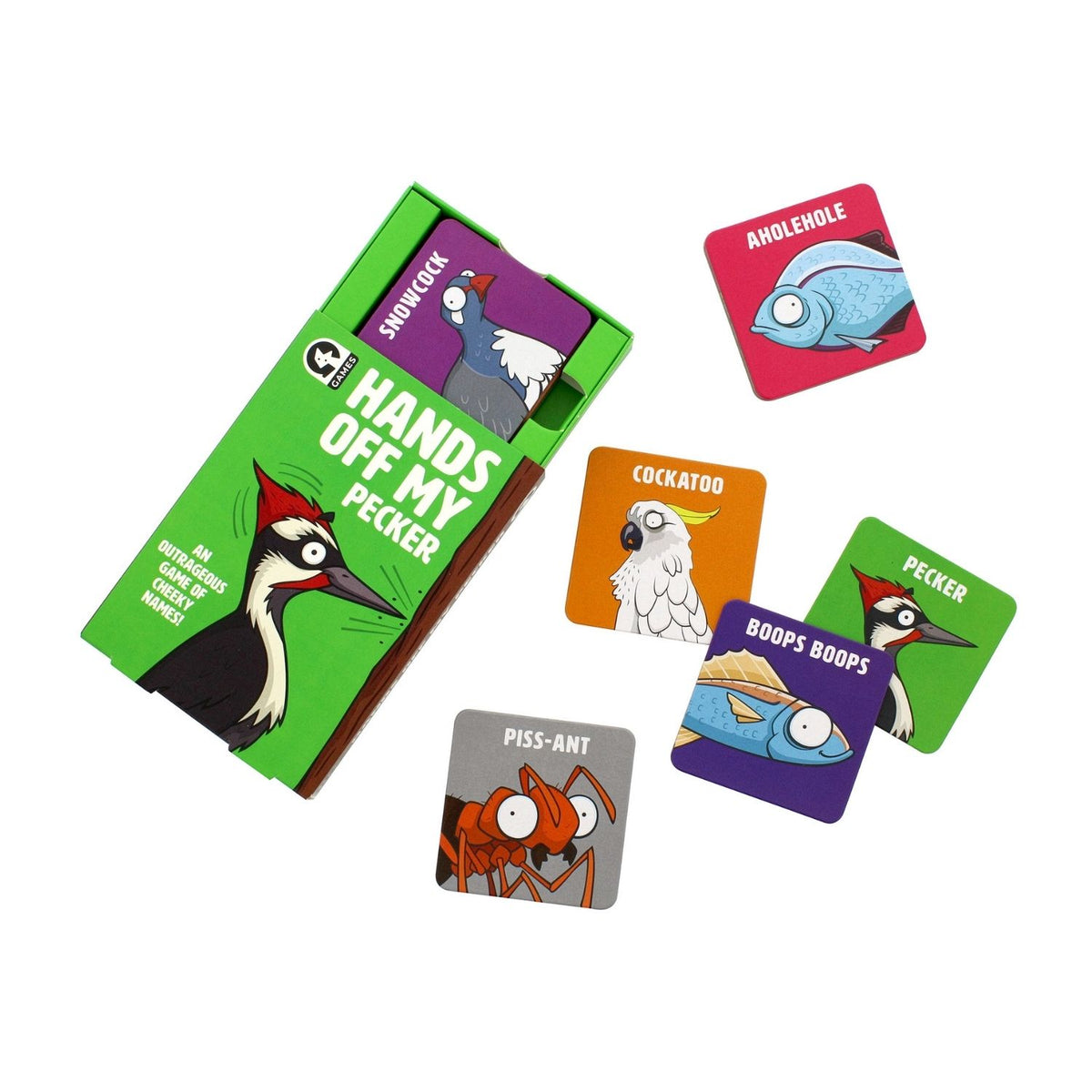 Card game with colorful cards featuring animal illustrations and humorous text 