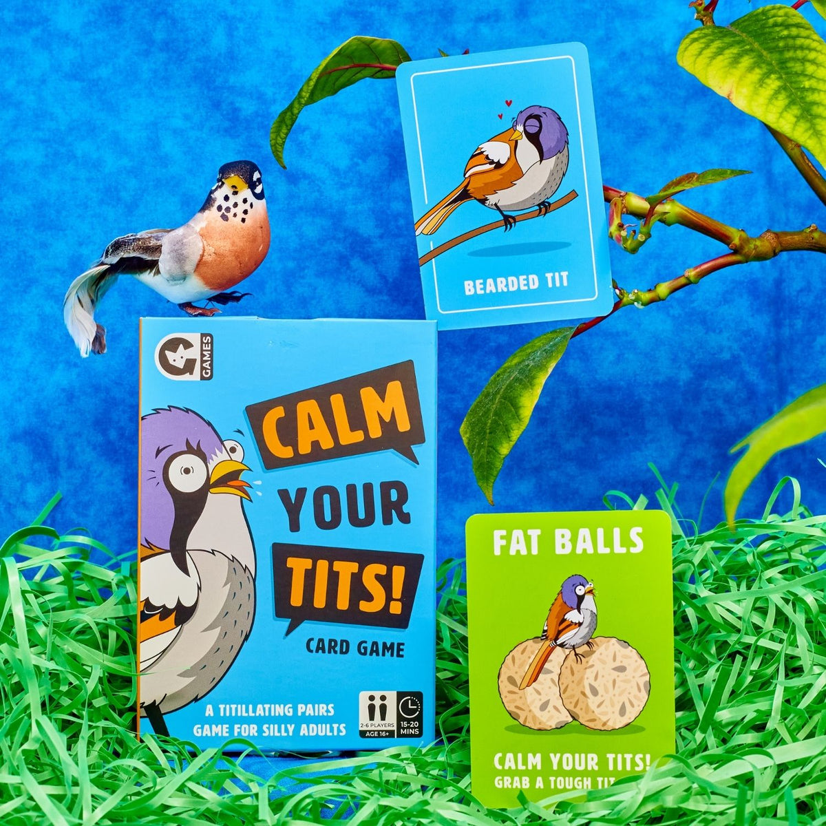 Card game packaging with bird illustrations on a blue and green background