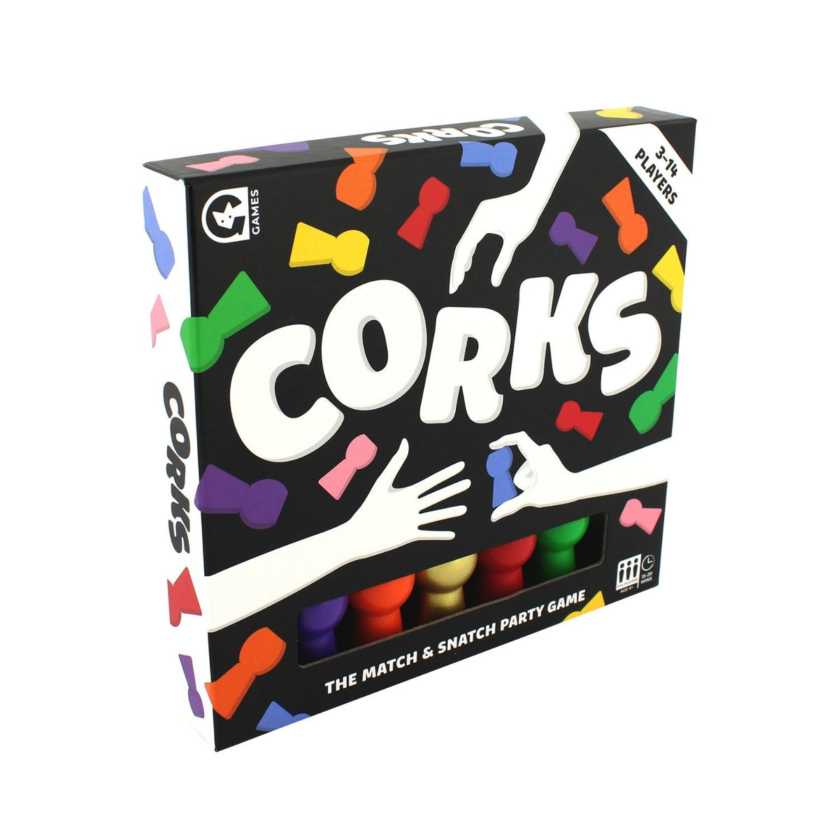 Board game box for 'Corks' with colorful corks and game pieces on a black background