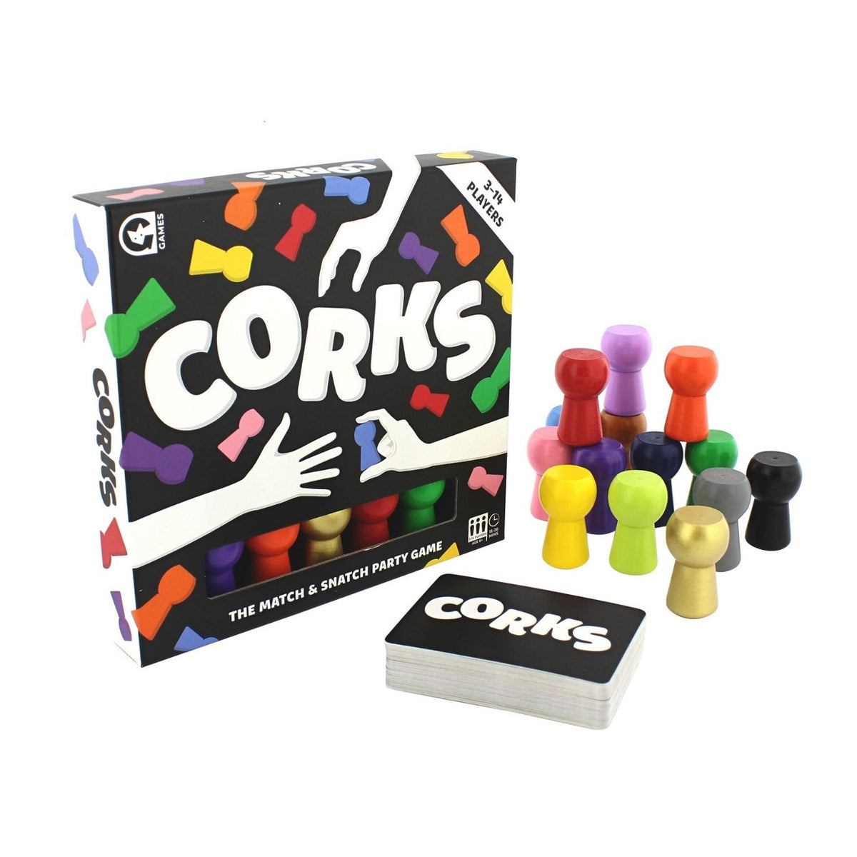 Board game set with colorful corks and packaging on a white background