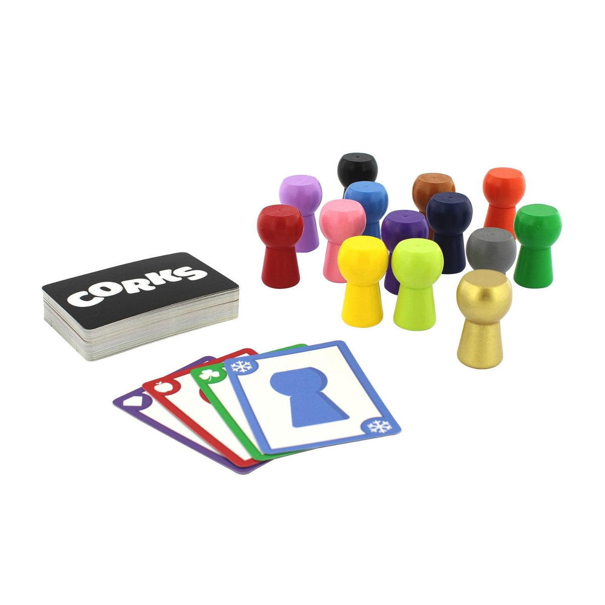 Colorful game pieces and cards on a white background