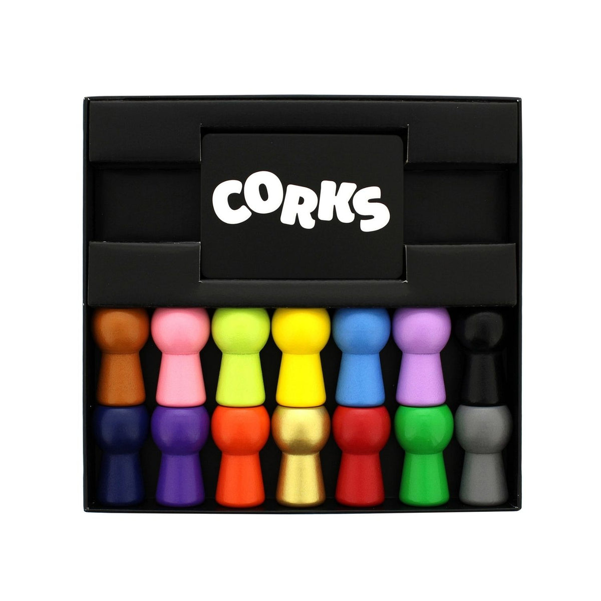Set of colorful corks in a black box with 'CORKS' branding.
