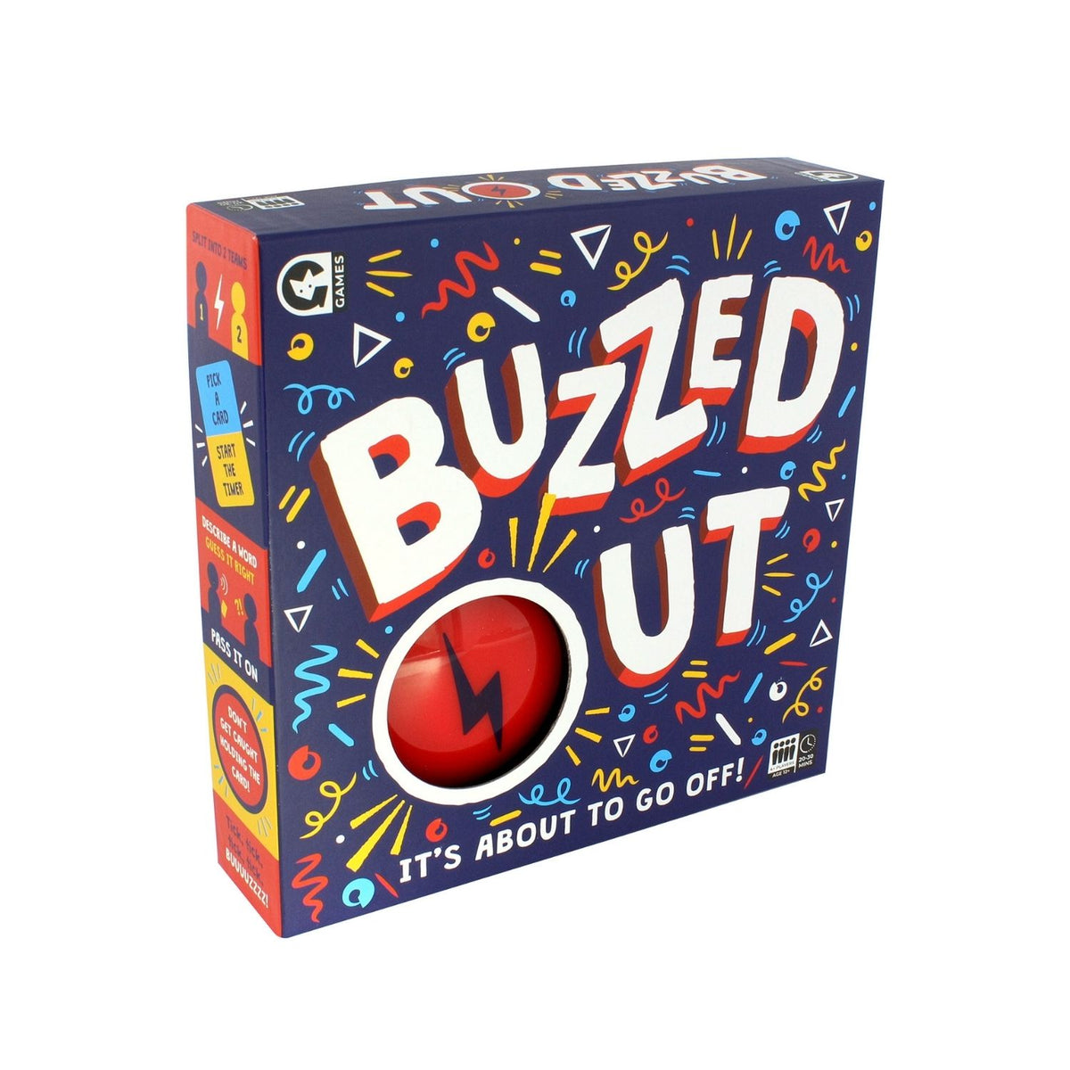 Board game box titled 'Buzzed Out' with colorful design on a white background