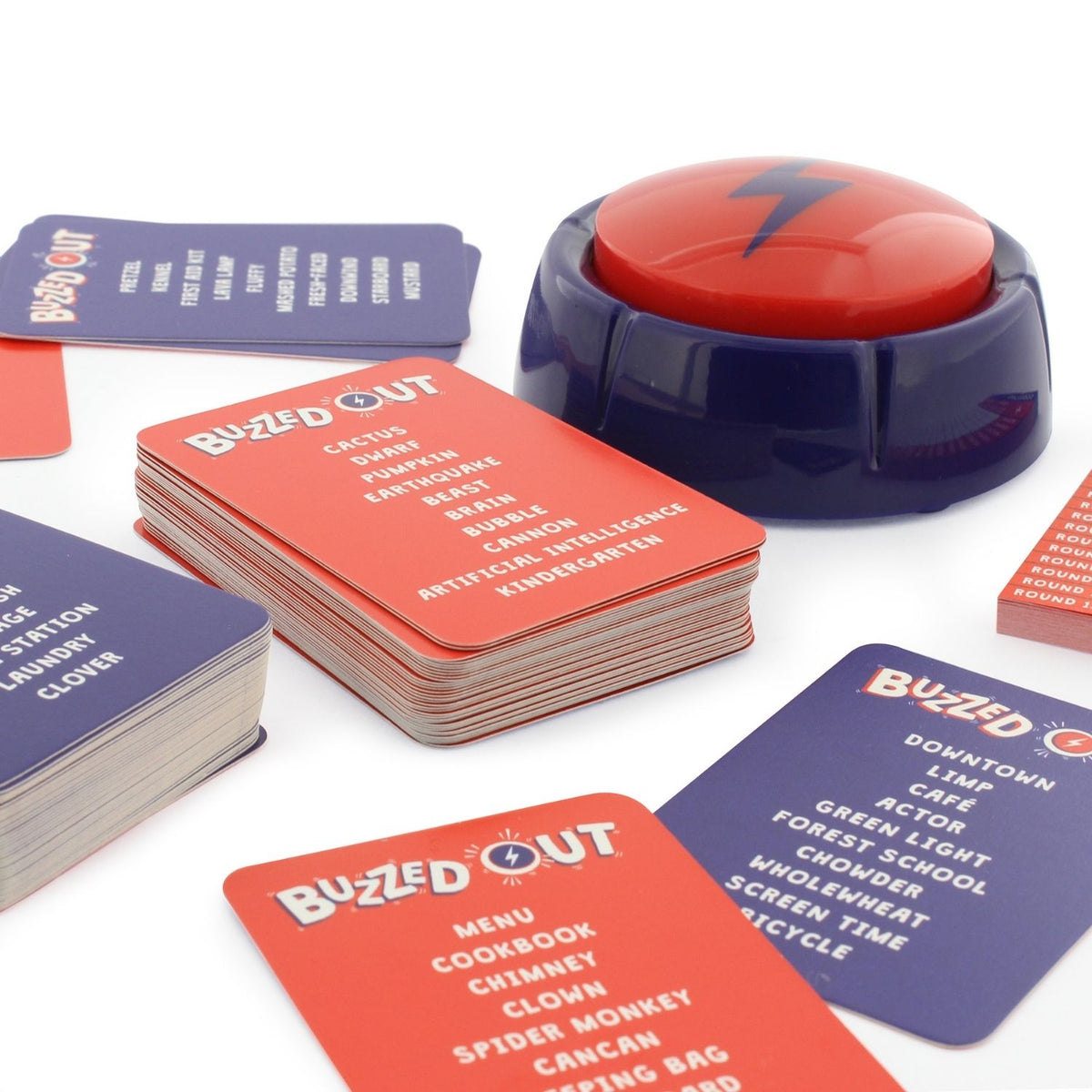 Buzzed Out game cards and buzzers on a white background