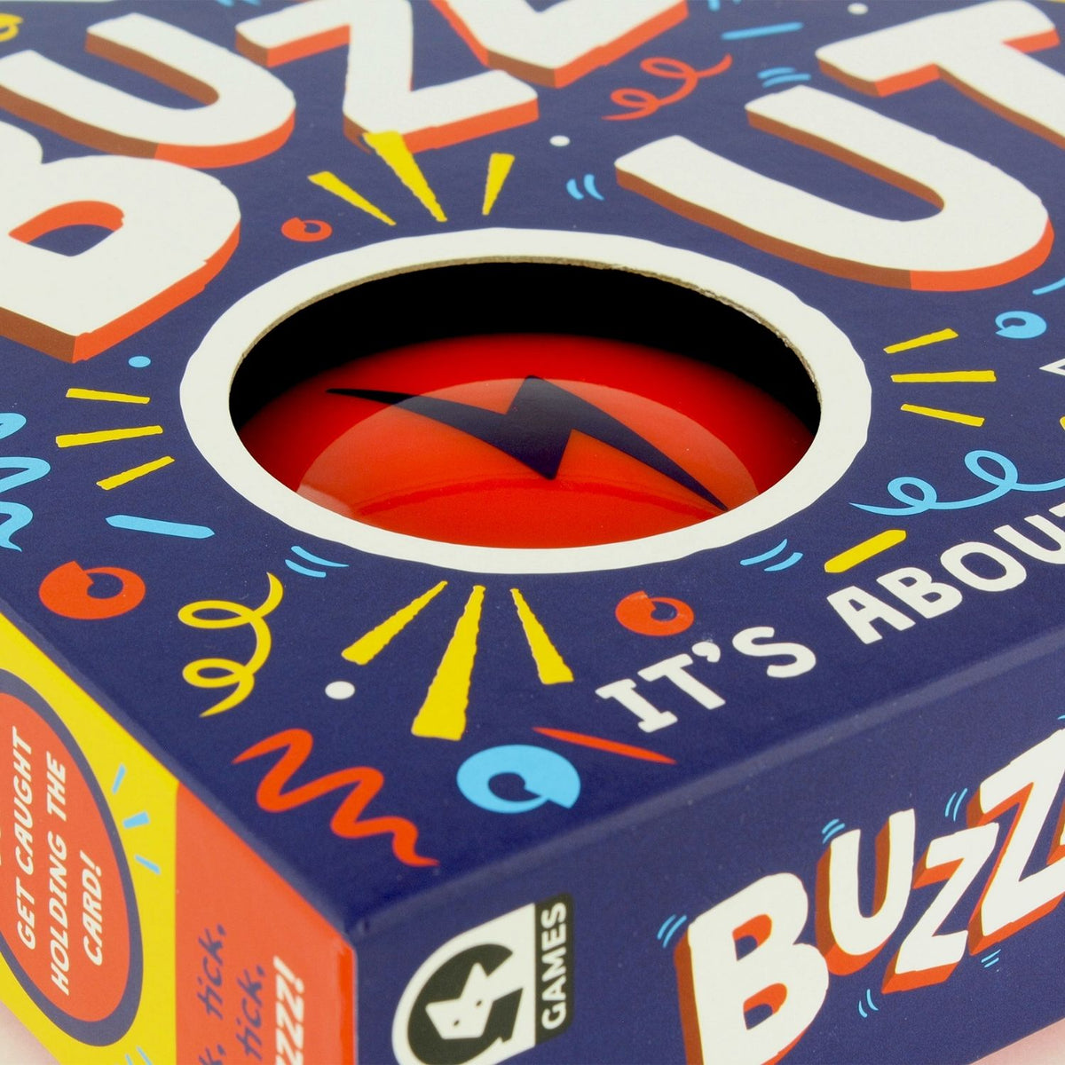 Close-up of a Buzzed Out! game box with colorful text and branding.