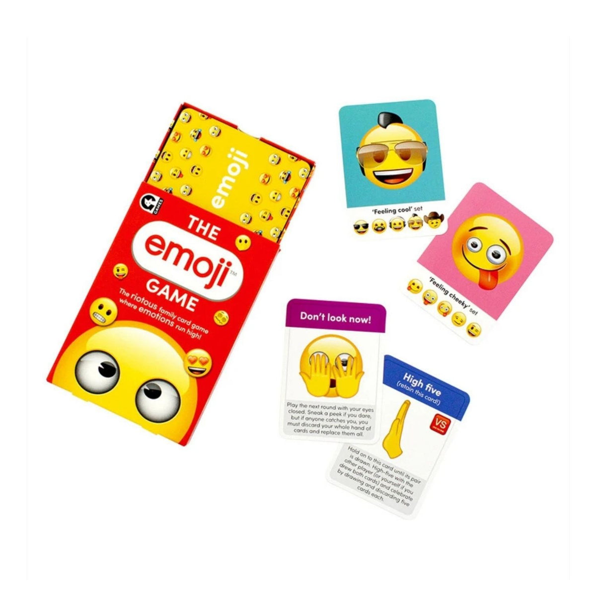 Emoji card game packaging with cards featuring various emoji expressions on a white background