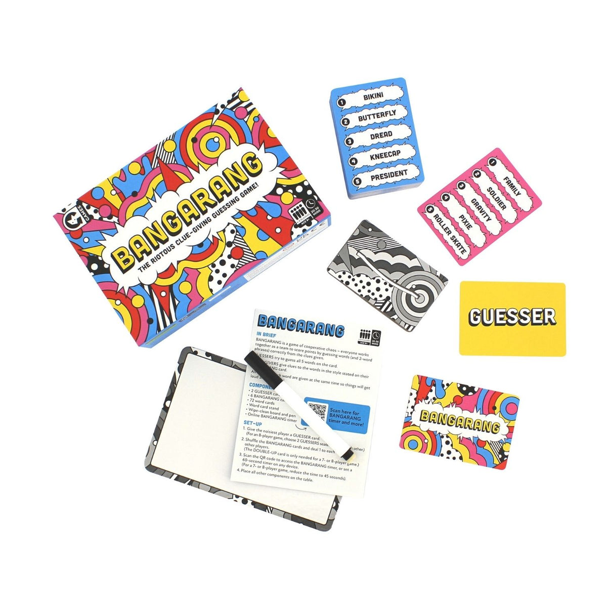 Bangarang game set with colorful packaging, cards, and guesser card