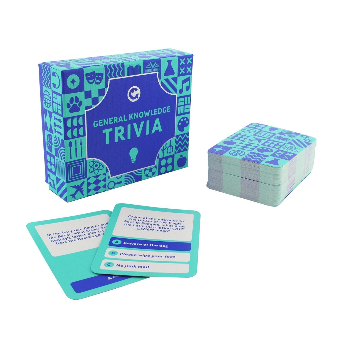 General Knowledge Trivia card game with blue and green design 