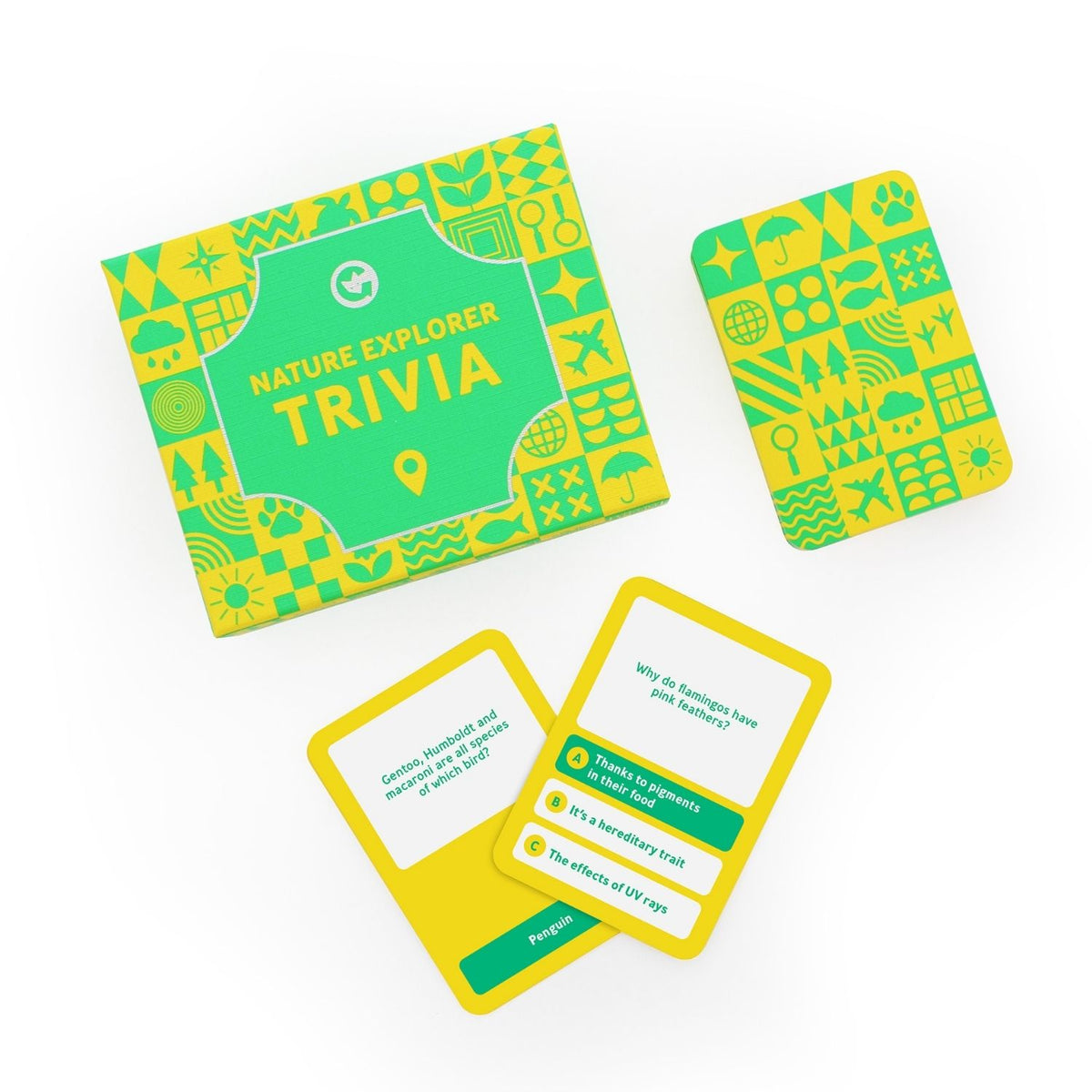 Nature Explorer Trivia cards with green and yellow design 