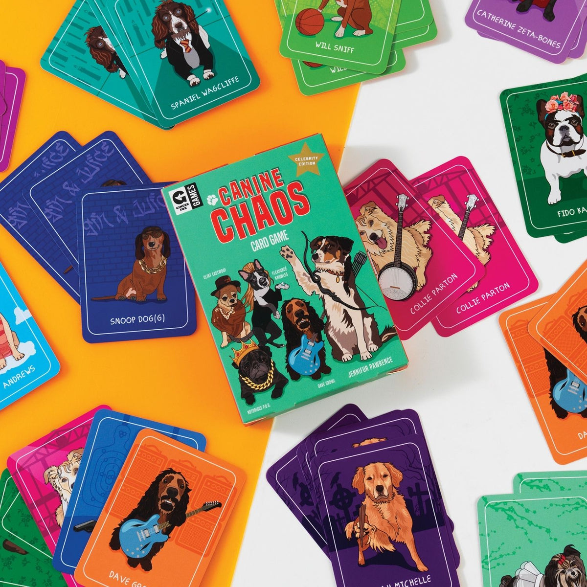 Canine Chaos card game with colorful cards featuring dog illustrations on a multicolored background.