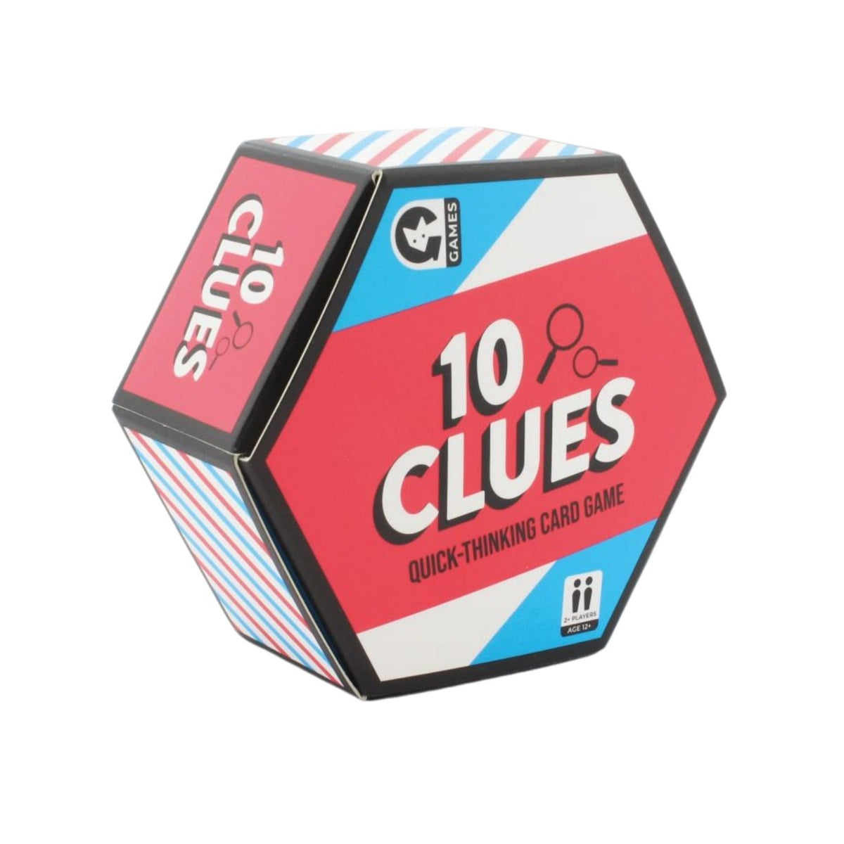 Hexagonal box of '10 Clues' card game on a white background