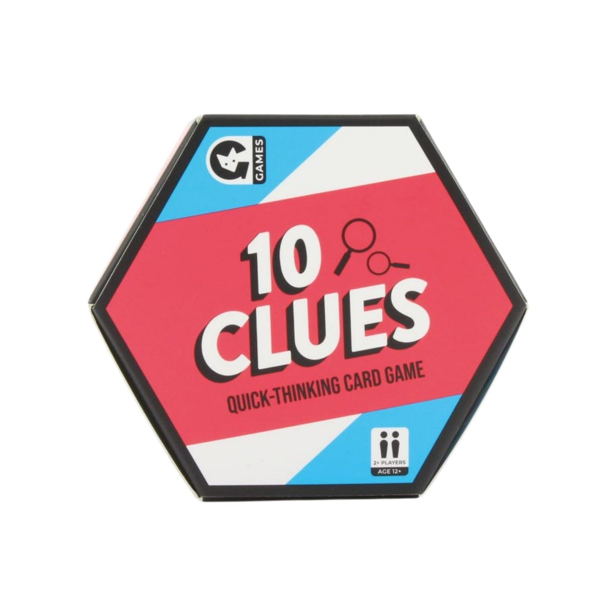Hexagonal box of '10 Clues' card game with red and blue design 
