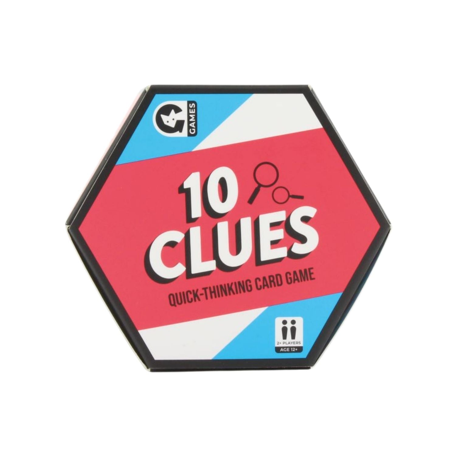 Hexagonal box of '10 Clues' card game with red and blue design 