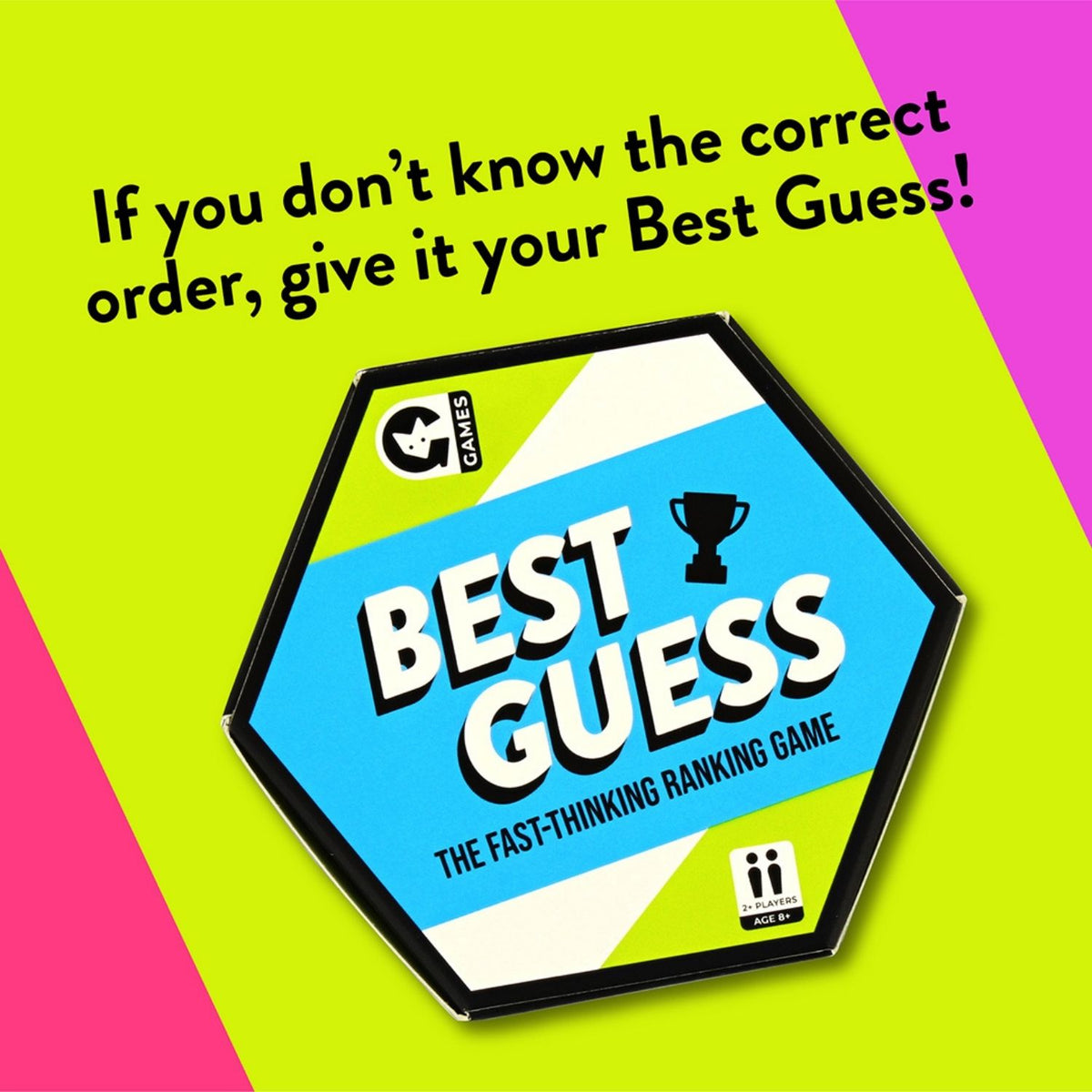 Hexagonal game box for 'Best Guess' with text on a colorful background
