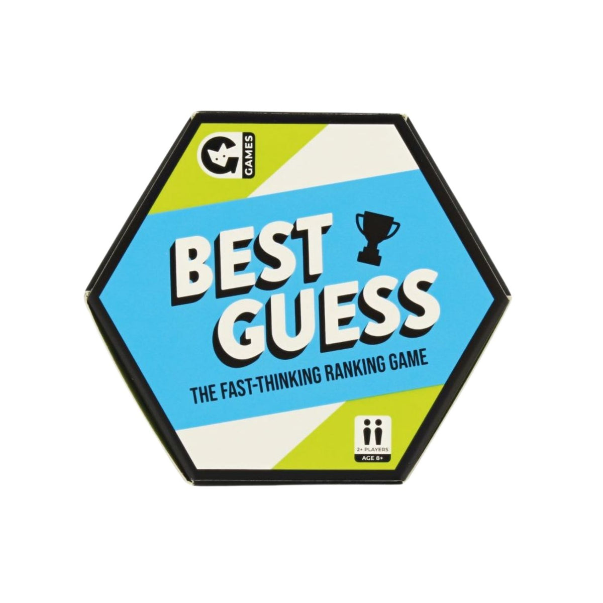 Hexagonal game box for 'Best Guess' with blue and green design 