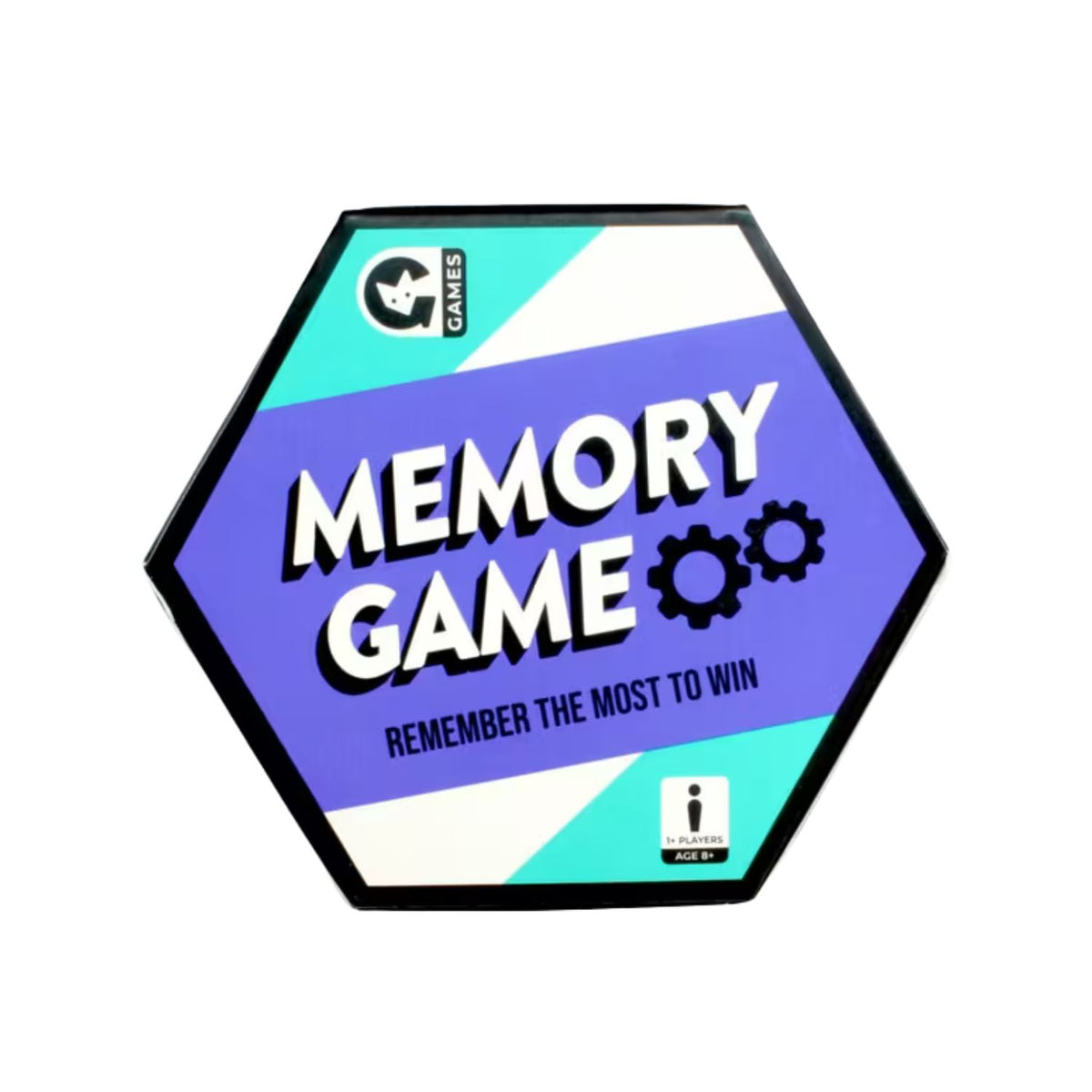 Hexagonal packaging of a memory game with a purple and blue design on a white background.