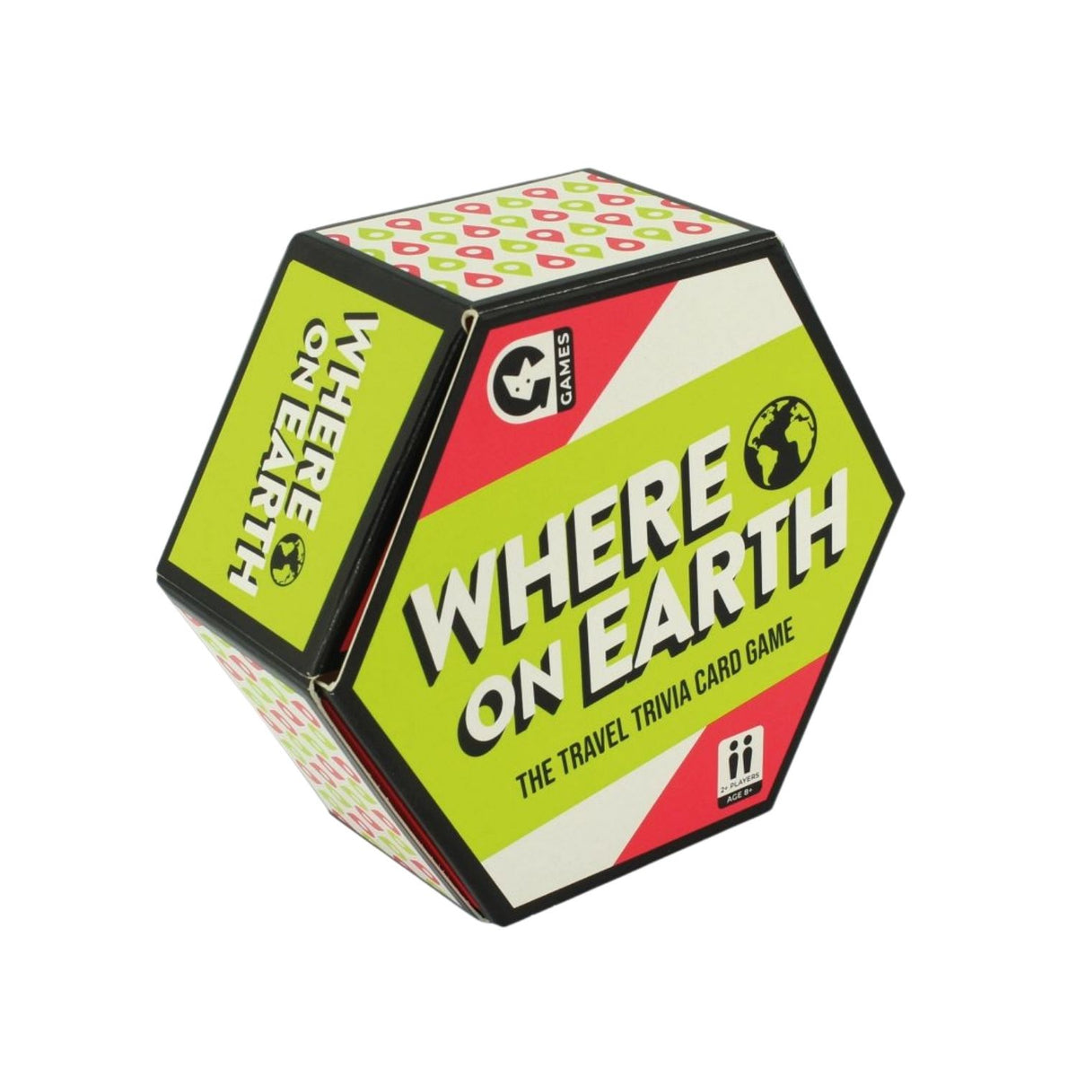 Hexagonal card game box for 'Where on Earth' on a white background