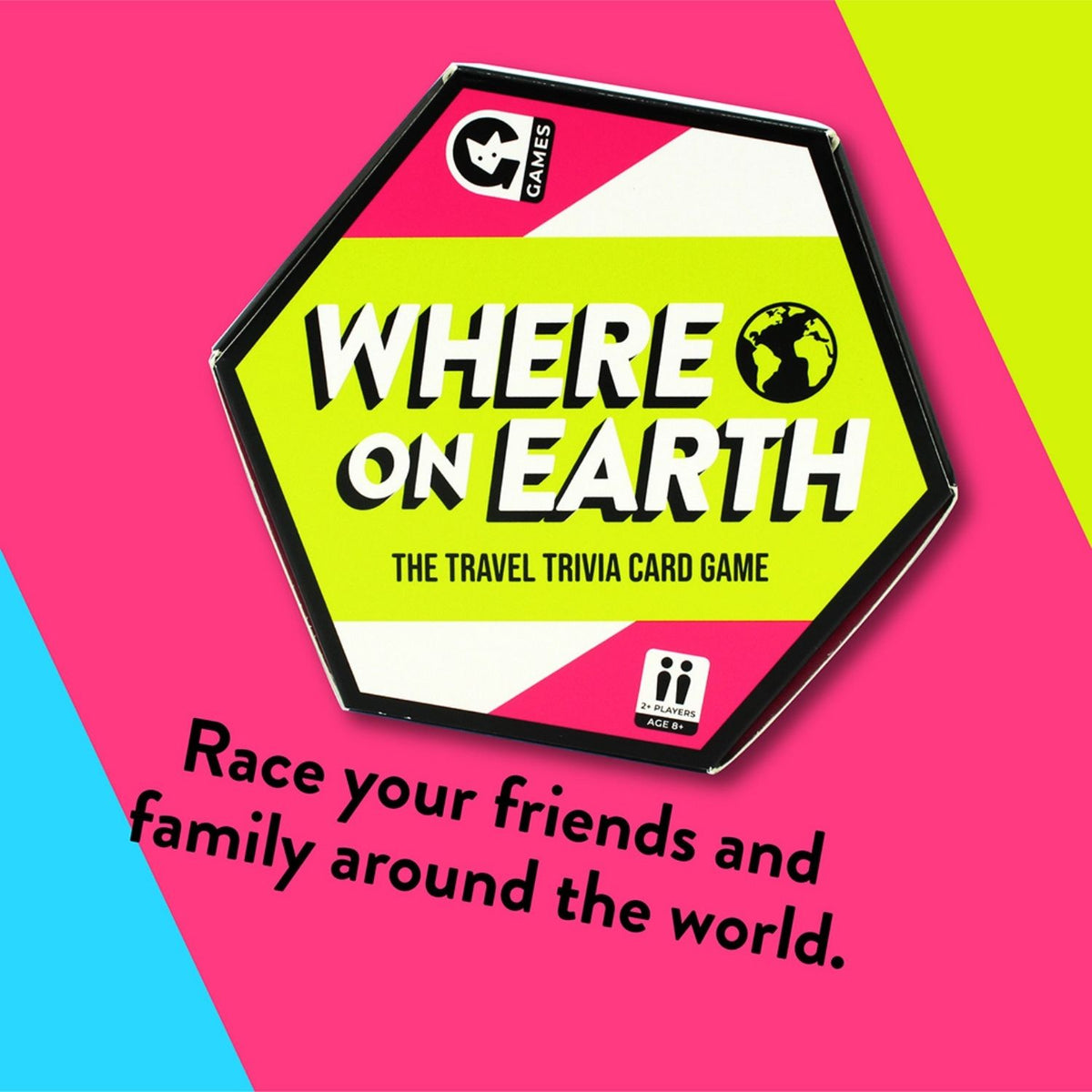 Hexagonal 'Where on Earth' card game box with colorful background