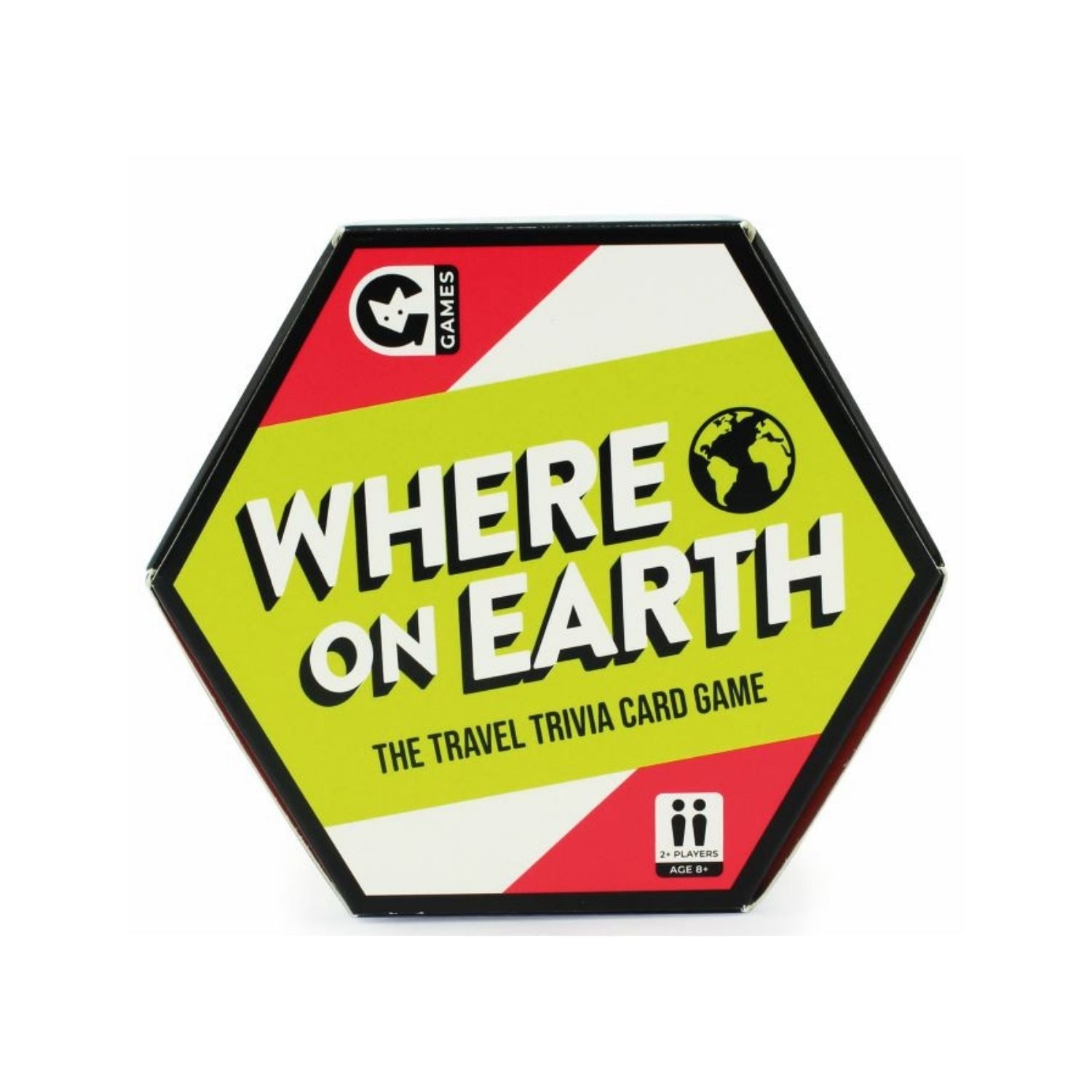 Hexagonal box of 'Where on Earth' travel trivia card game on a white background