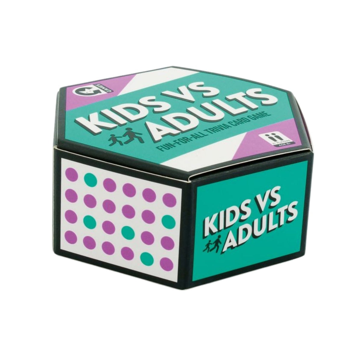 Hexagonal game box for 'Kids vs Adults' on a white background