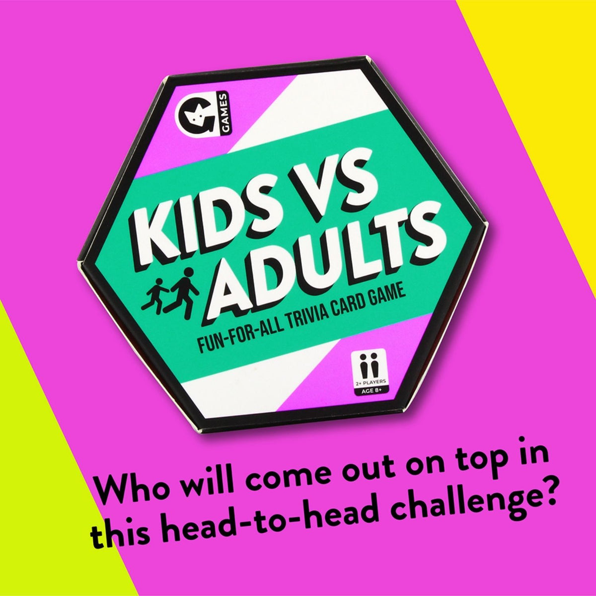 Hexagonal trivia card game box with 'Kids vs Adults' text on a colorful background