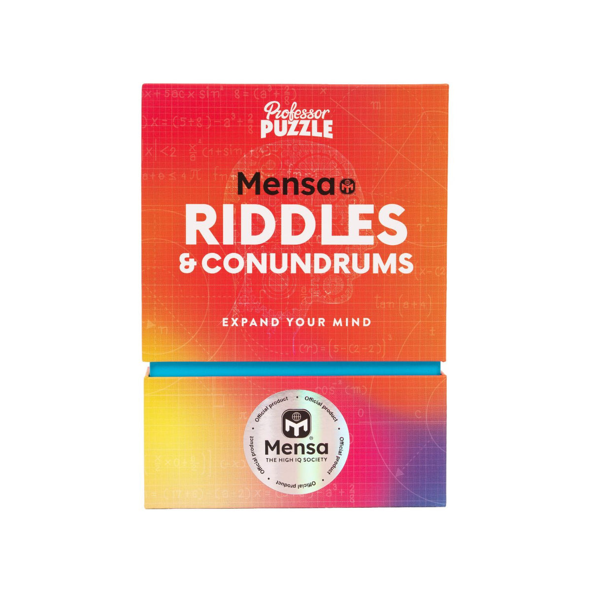 The Mensa Riddles and Conundrums puzzle pack in its sophisticated, branded box, highlighting the official Mensa logo and "100 Puzzles" feature.