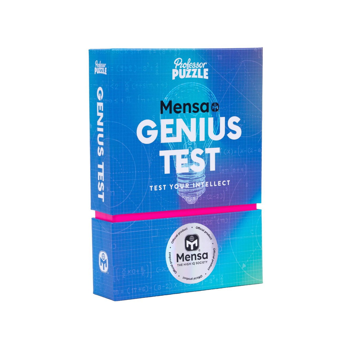 A detailed view of the "High IQ Society" endorsement and Mensa logo on the packaging, emphasizing the elite nature of the challenges.