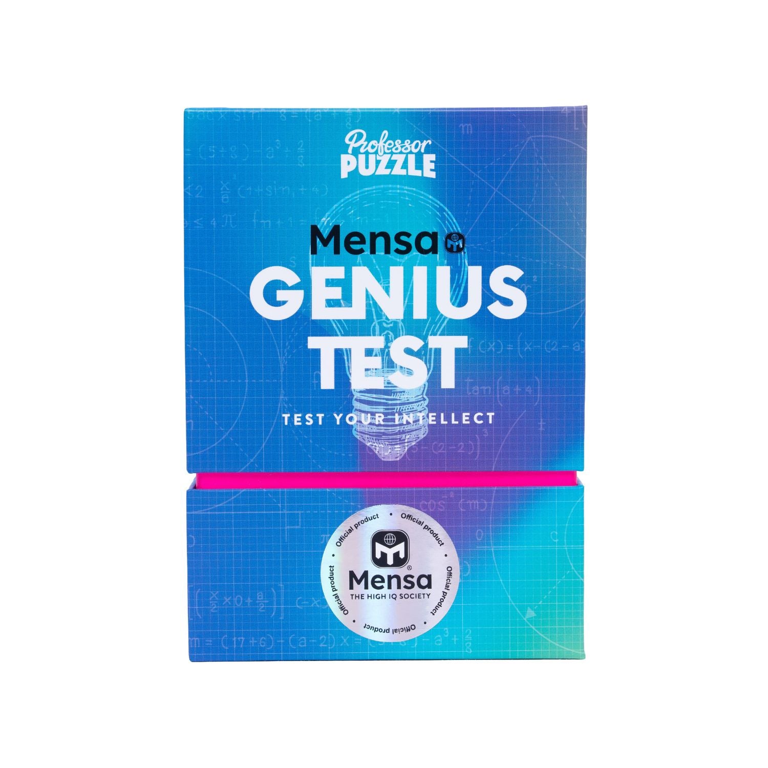 The Mensa Genius Test puzzle deck by Ginger Fox, featuring a sleek, authoritative box design with the official Mensa logo and "Genius Test" branding.