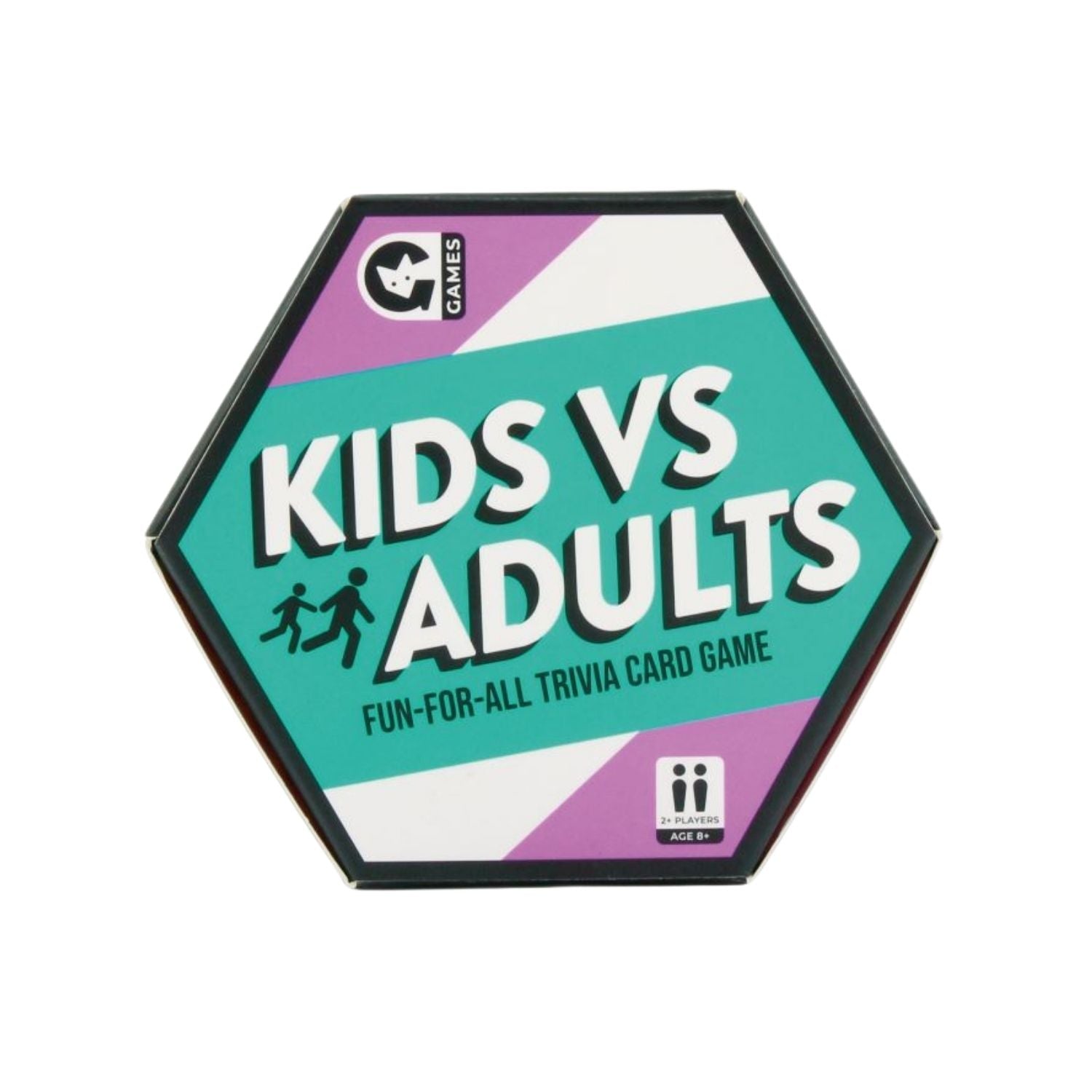 A trivia card game titled 'Kids Vs Adults' with a colorful geometric design on the packaging.