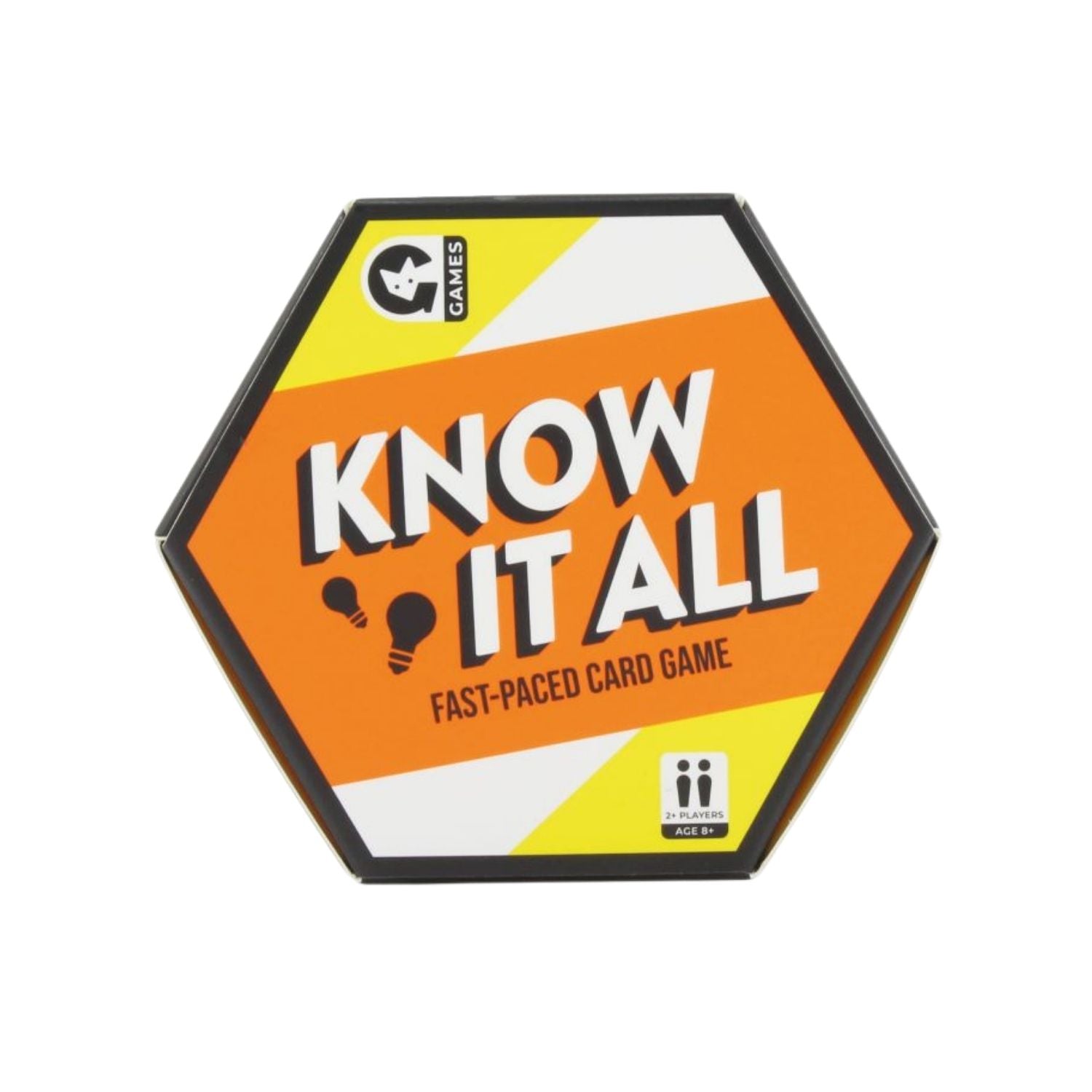 A trivia card game titled 'Know it All' with a fast-paced card game description, featuring an orange and yellow color scheme with a hexagonal board game piece.