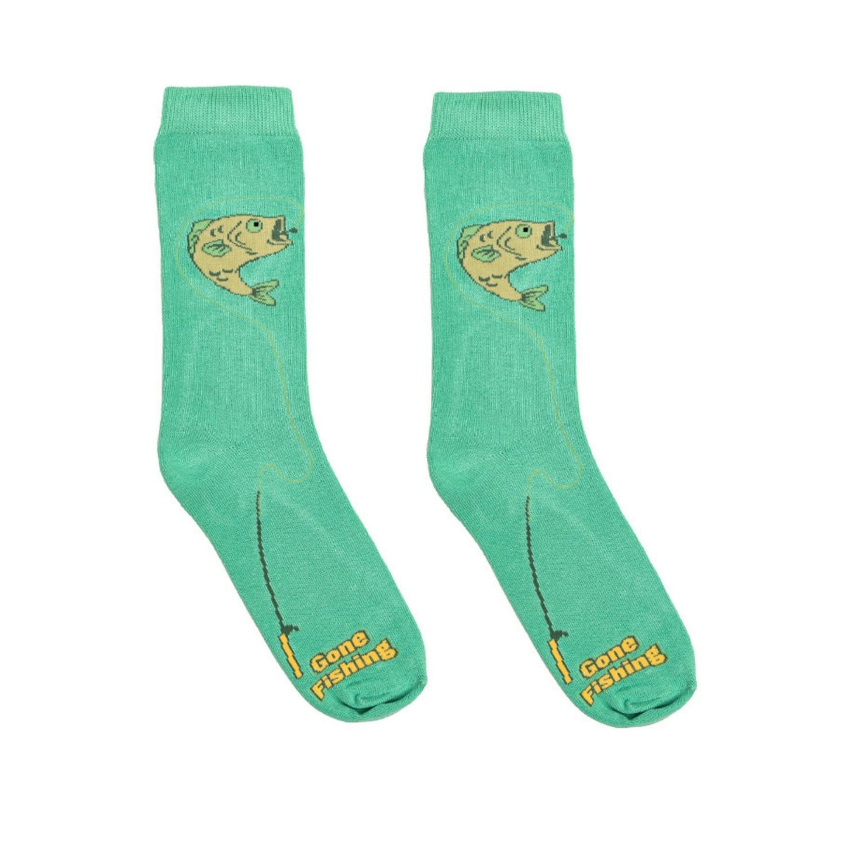 Green socks with fish and 'Gone Fishing' design on a white background