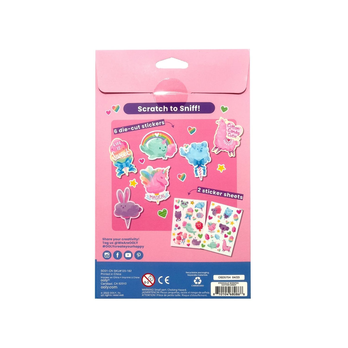Pack of die-cut stickers with colorful designs on a pink background