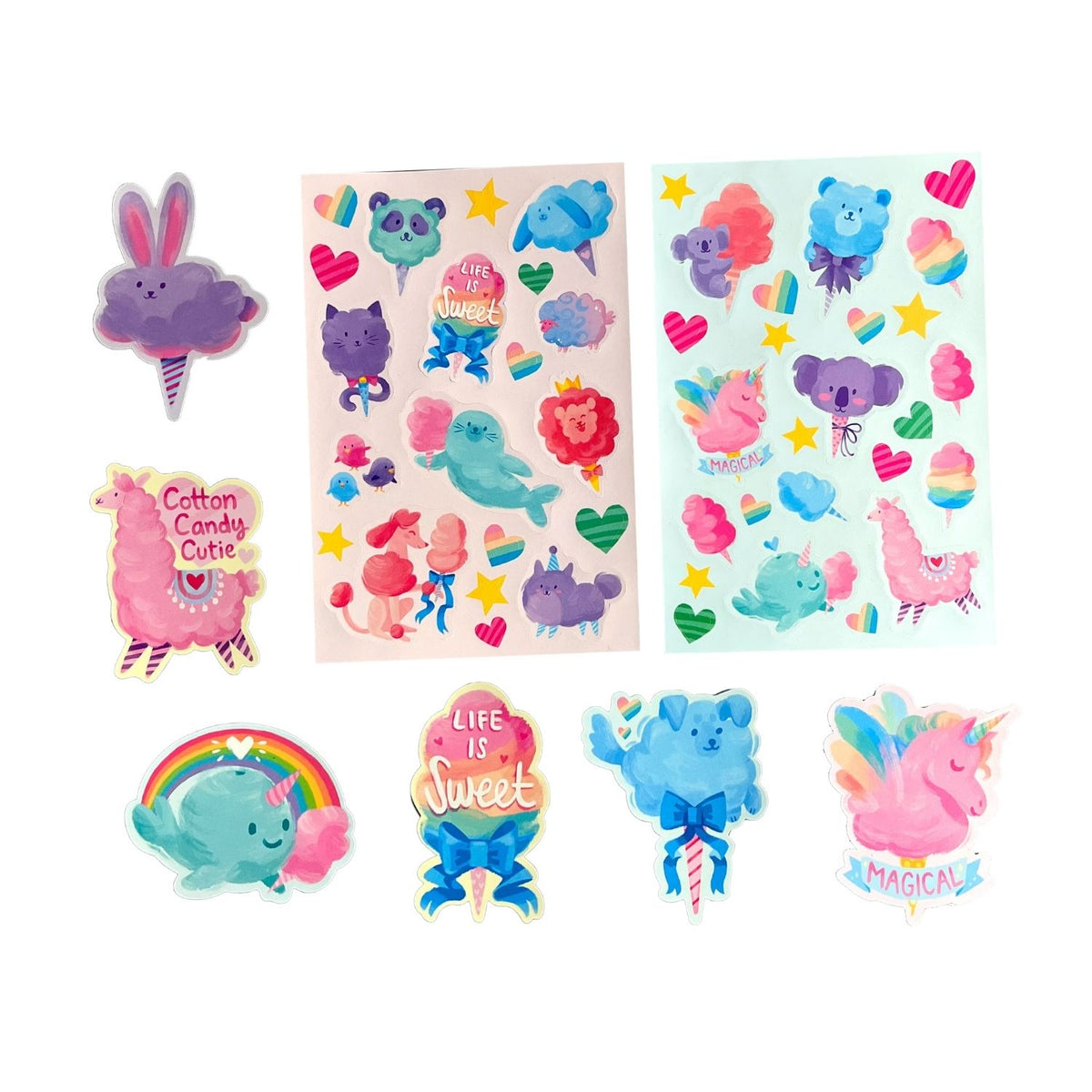 Collection of colorful stickers with cartoon animals and phrases 