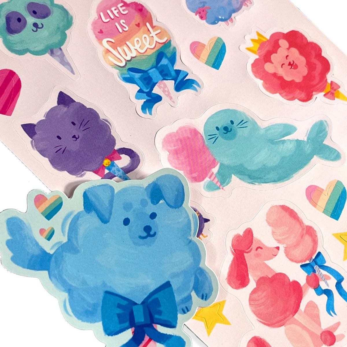 Colorful stickers with cartoon animals and text 