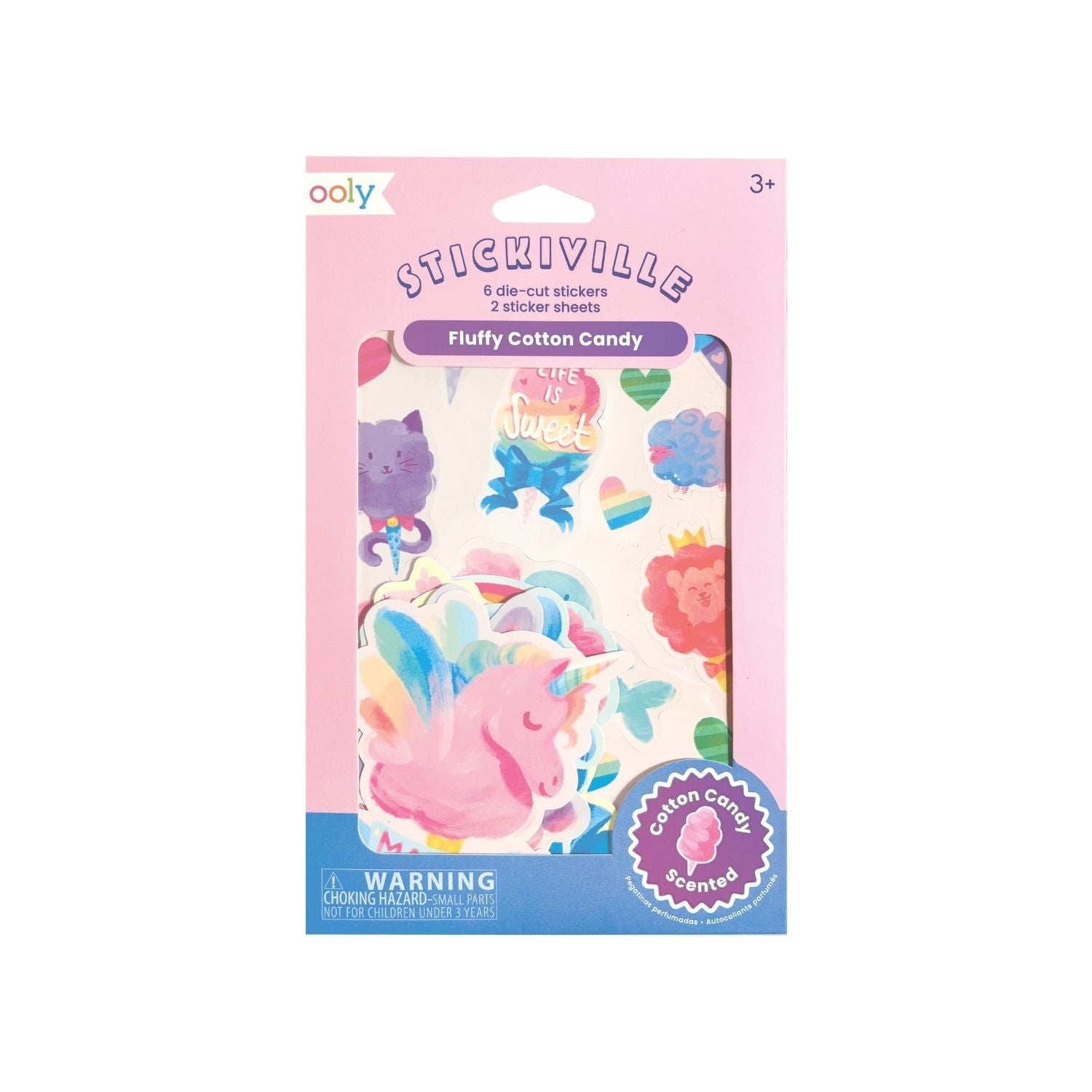 Packaging of Stickeville Fluffy Cotton Candy stickers with colorful designs on a pink background.