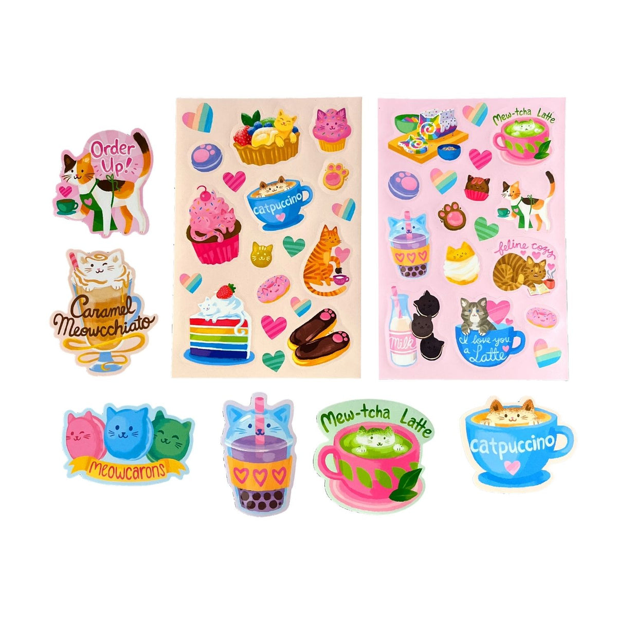 Set of colorful stickers with cat-themed designs 