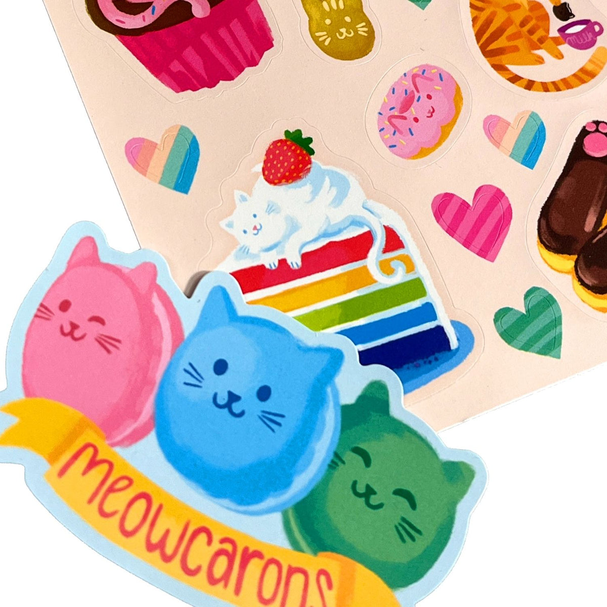 Colorful cat-themed stickers with 'meowcarons' design